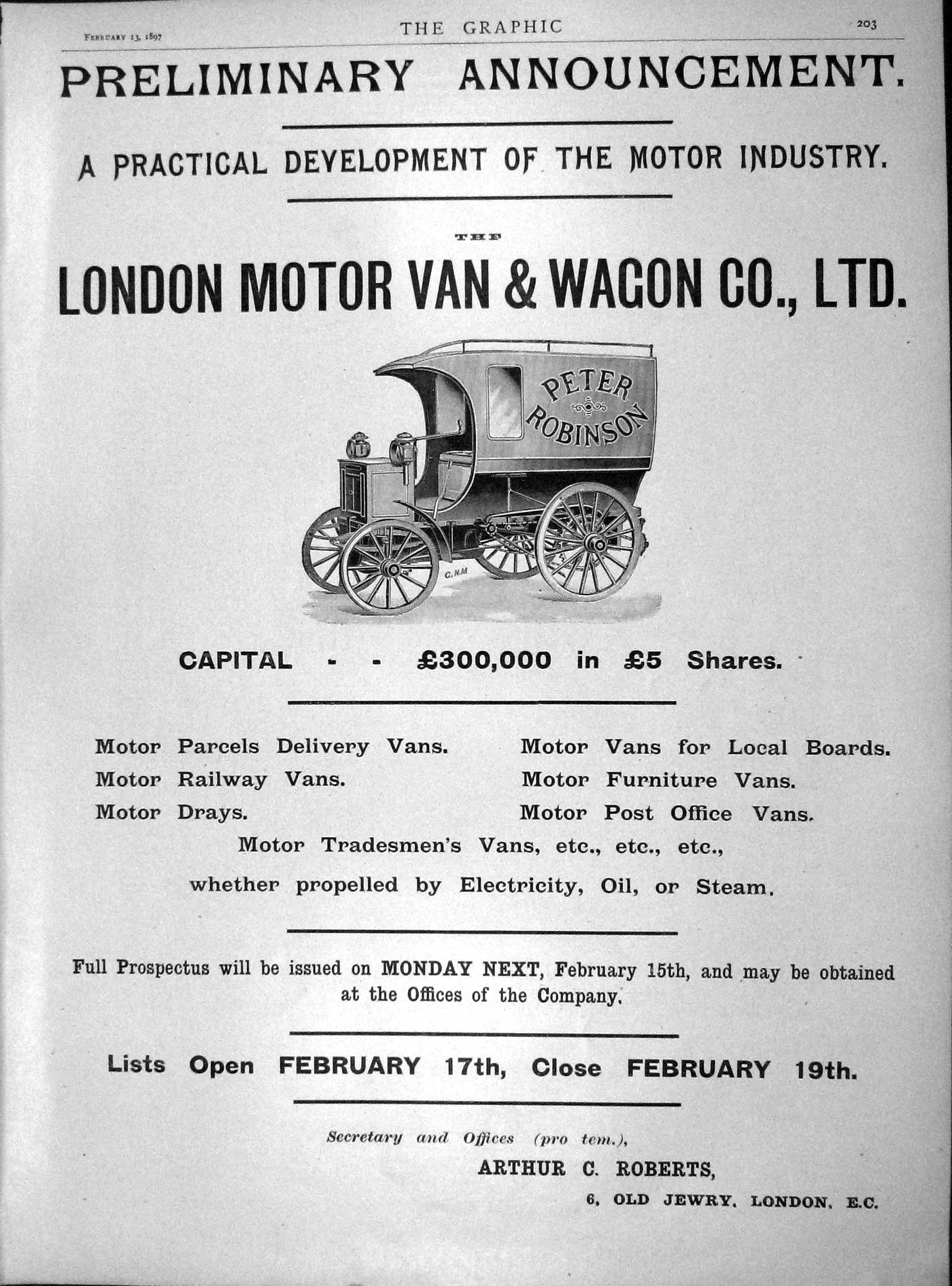 Original Old Antique Print 1897 Advertisement London Motor Van Wagon Robinson
