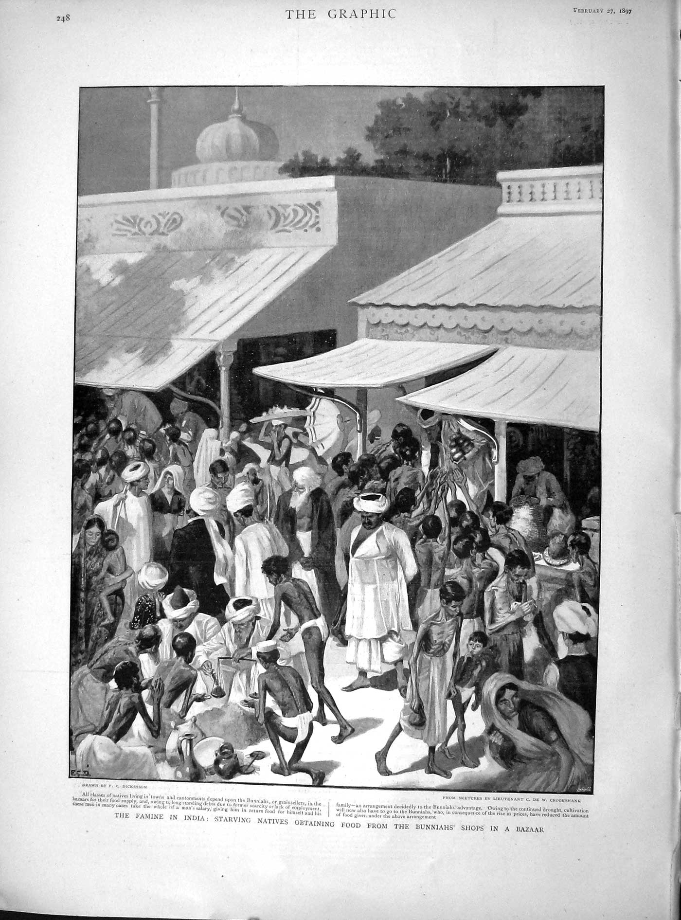 Old Antique Print 1897 Famine India Starving Natives Bunniahs Bazaar Shop 19th