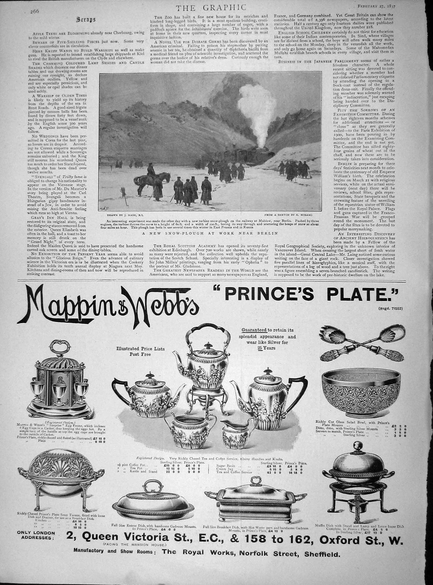 Old Antique Print 1897 Snow-Plough Berlin Germany Mappin Webb Sheffield 19th