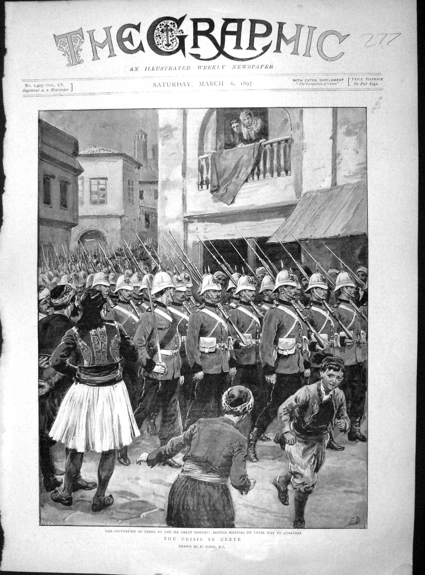 Original Old Antique Print 1897 Crete Occupation Canea British Marines Siers
