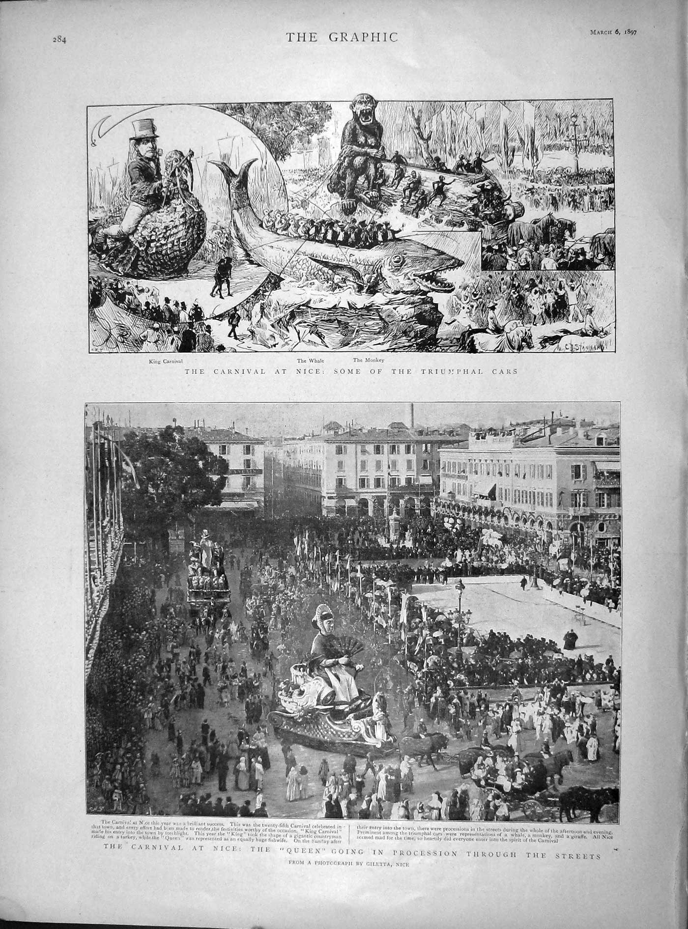 Old Antique Print 1897 Carnival Nice Queen Monkey Crete Canea Bayard Lord 19th