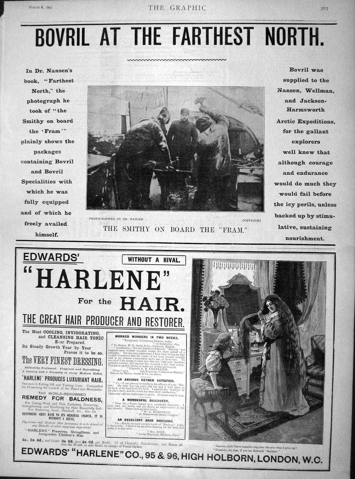 Original Old Antique Print 1897 Advertisment Bovril Harlene Hair Restorer 19th