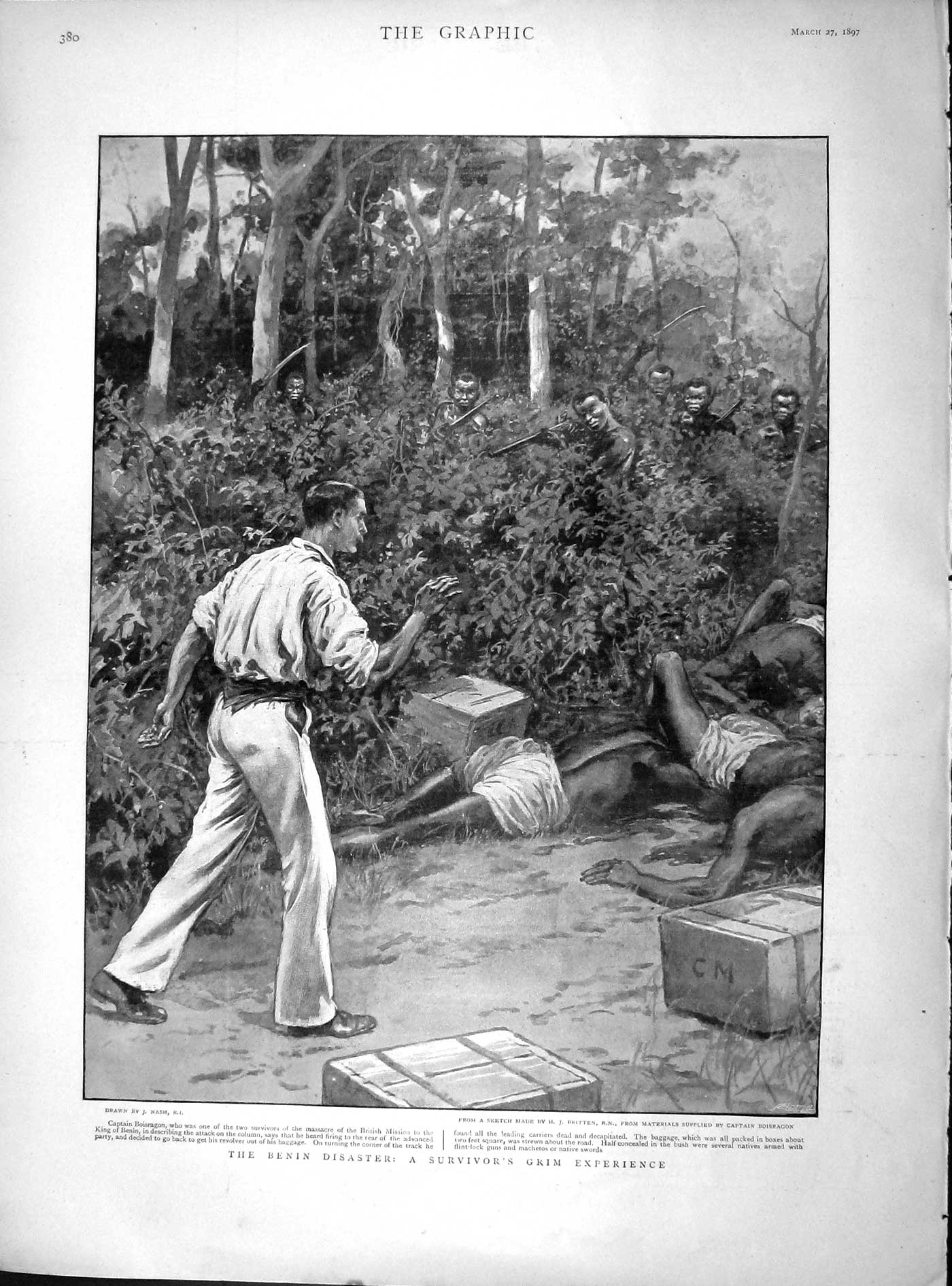 Old Antique Print 1897 Benin Disaster Survivor Captain Boisragon Natives 19th