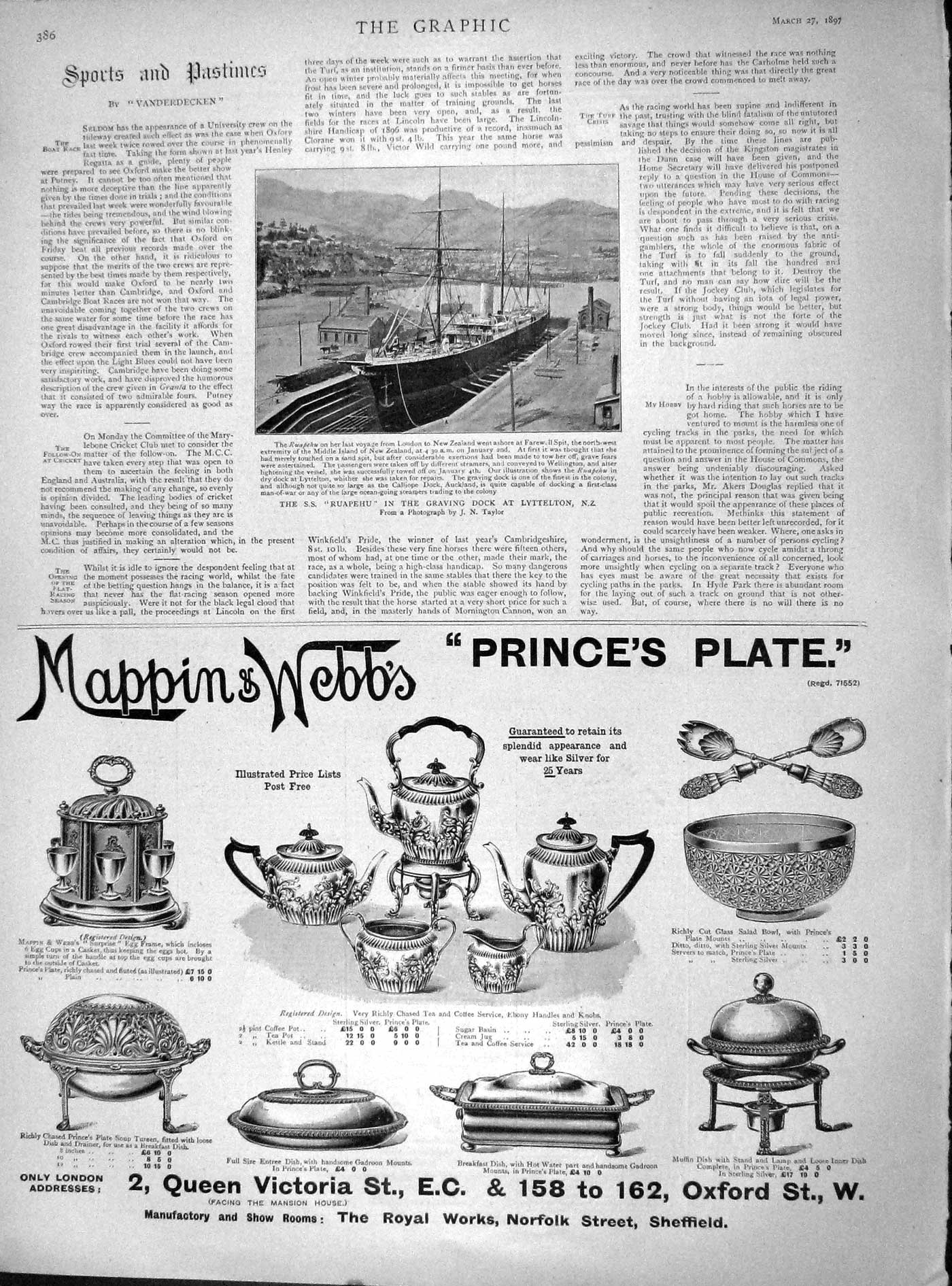 Original Old Antique Print 1897 Ship S.S. Ruapehu Graving Dock Lyttelton Mappin