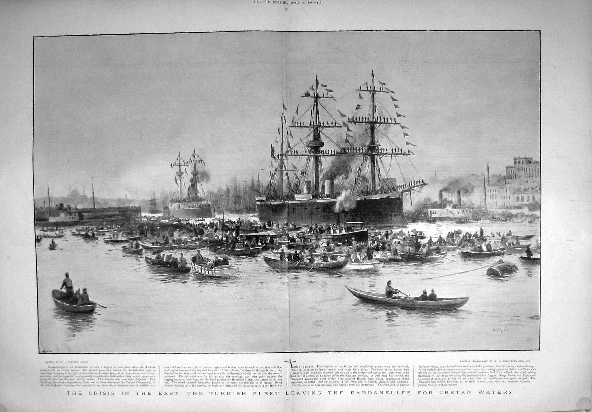 Original Old Antique Print 1897 Turkish Ships War Dardanelles Constantinople