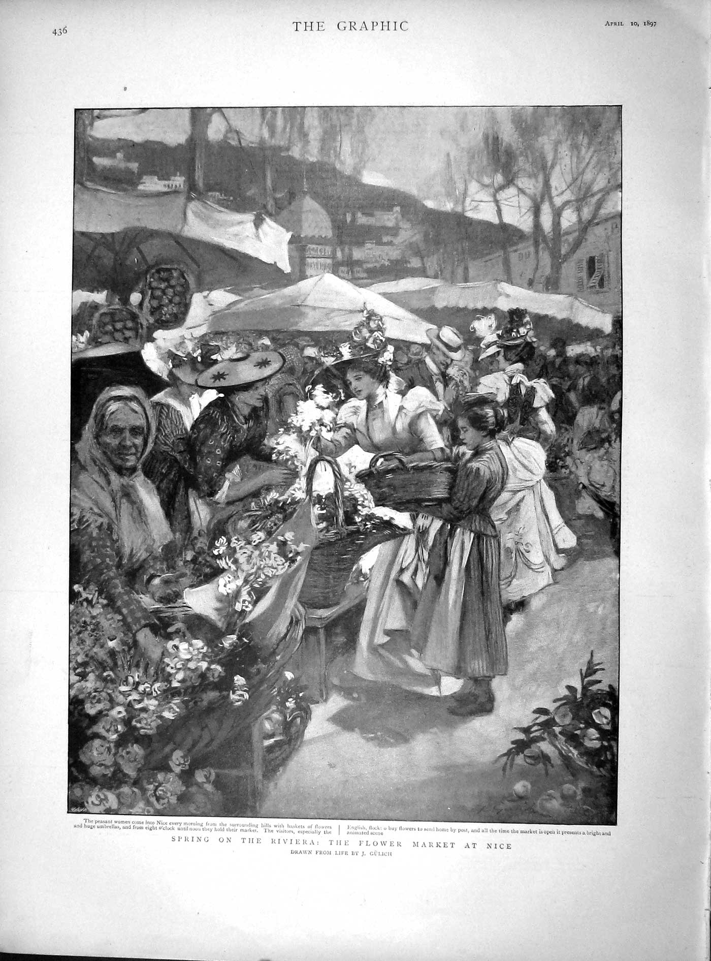 Old Antique Print 1897 Flower Market Nice France Abyssinia Rennell Zaila 19th