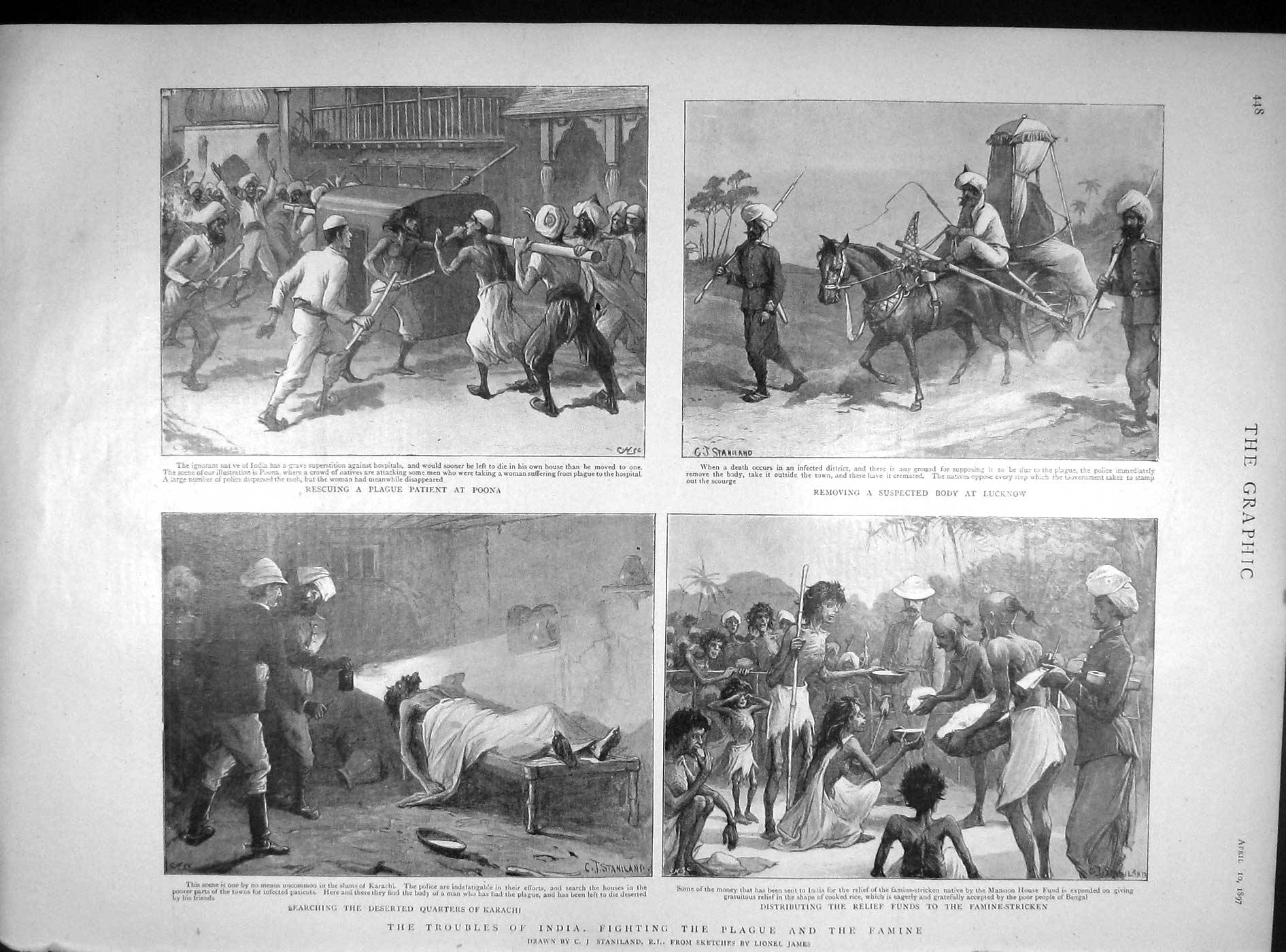 Original Old Antique Print 1897 Indian Fighting Plague Famine Poona Lucknow