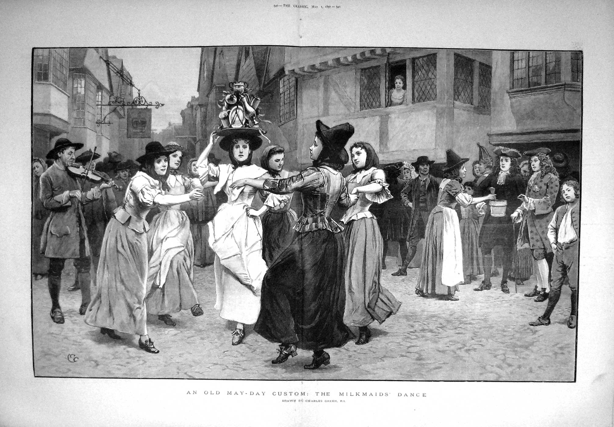 Original Old Antique Print 1897 May-Day Custom Scene Milkmaids Dance Fine Art