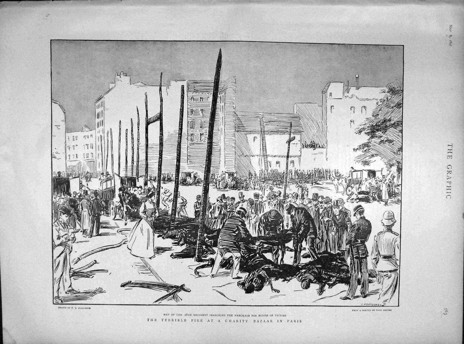 Original Old Antique Print 1897 Fire Charity Bazzar Paris France Siers War 19th