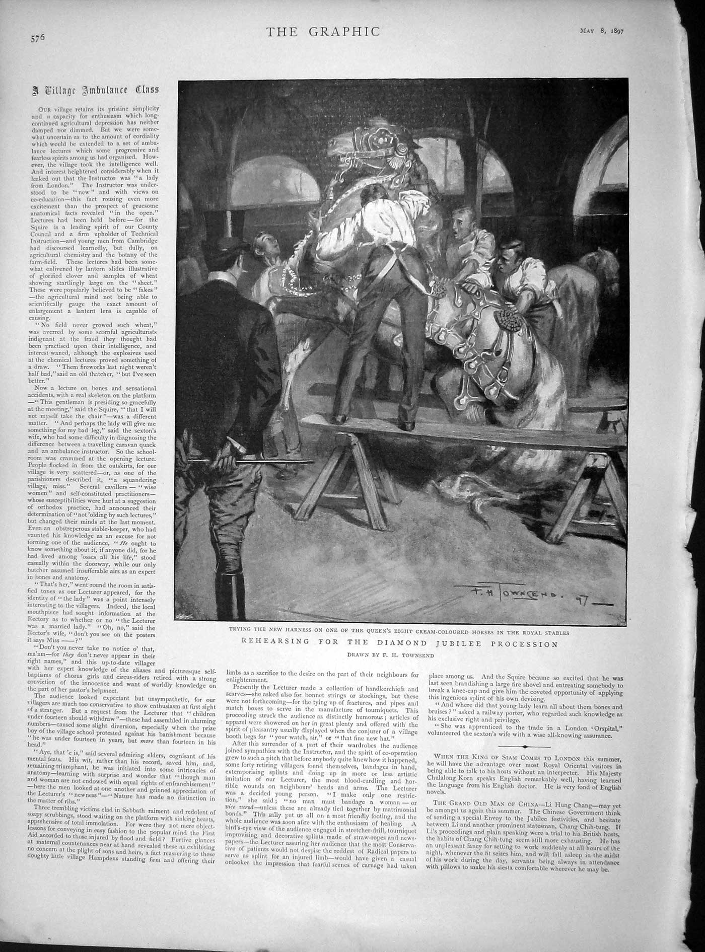 Original Old Antique Print 1897 Horses Stables Rehearsing Queen Diamond Jubilee