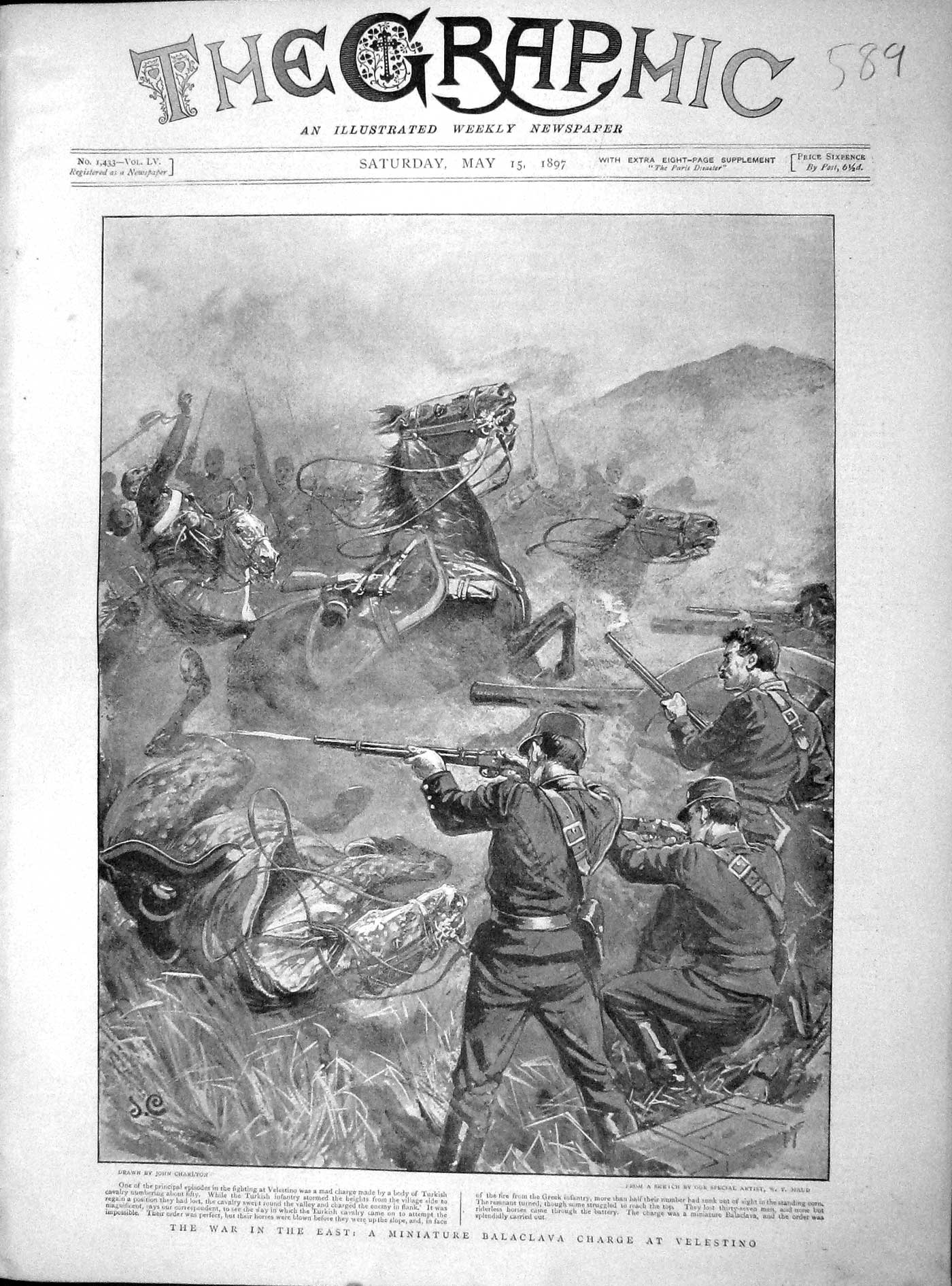 Original Old Antique Print 1897 War Miniature Balaclava Charge Velestino Siers