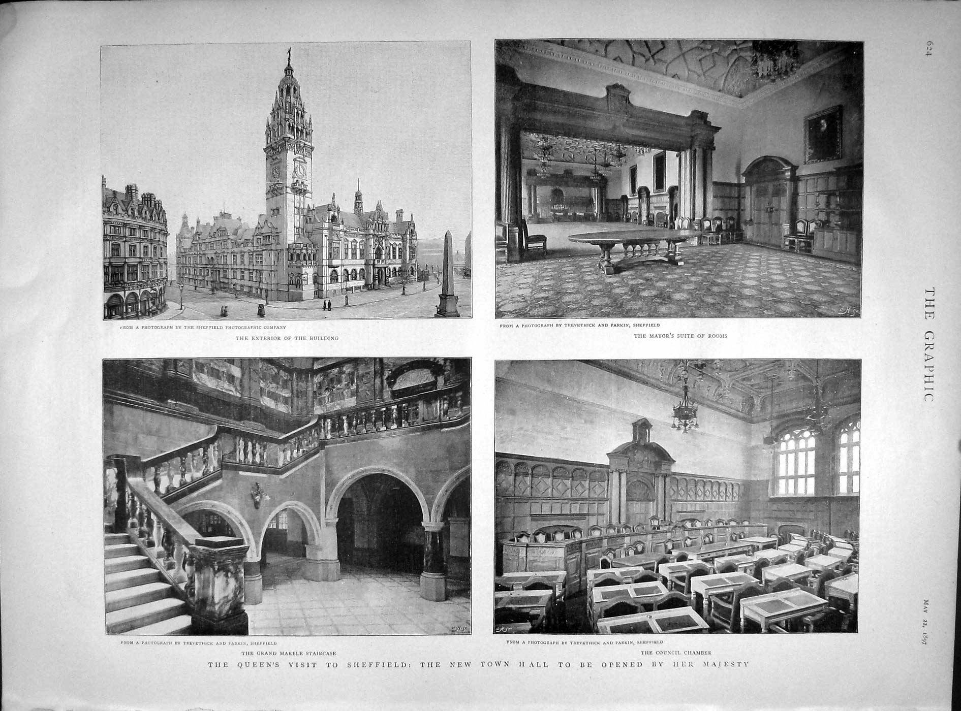 Original Old Antique Print 1897 Queen Sheffield Town Hall Council Chamber 19th