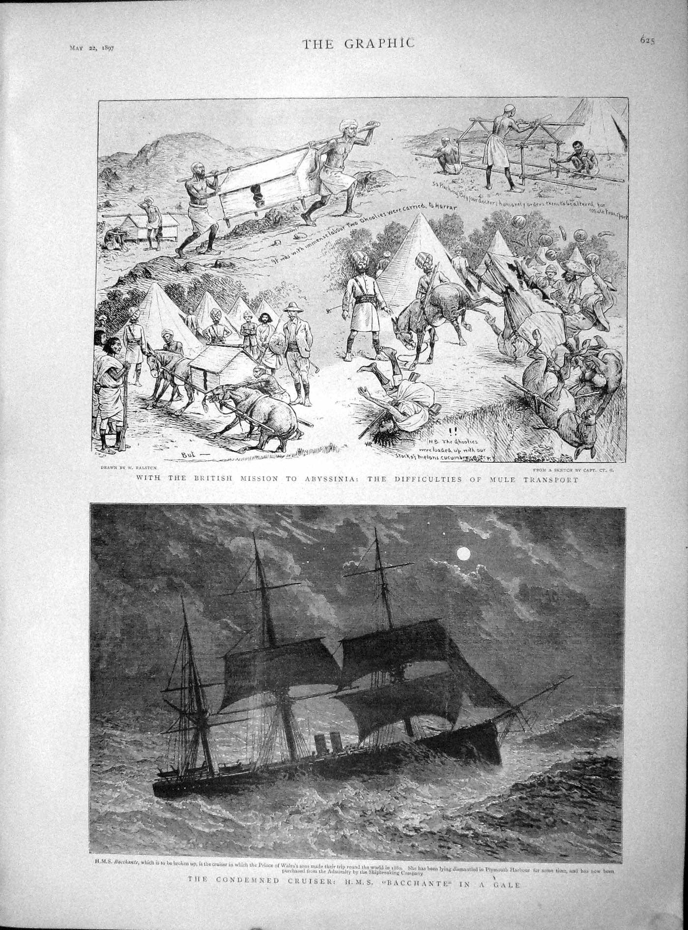 Old Antique Print 1897 Cruiser Ship H.M.S. Bacchante Mule Transport Camp 19th