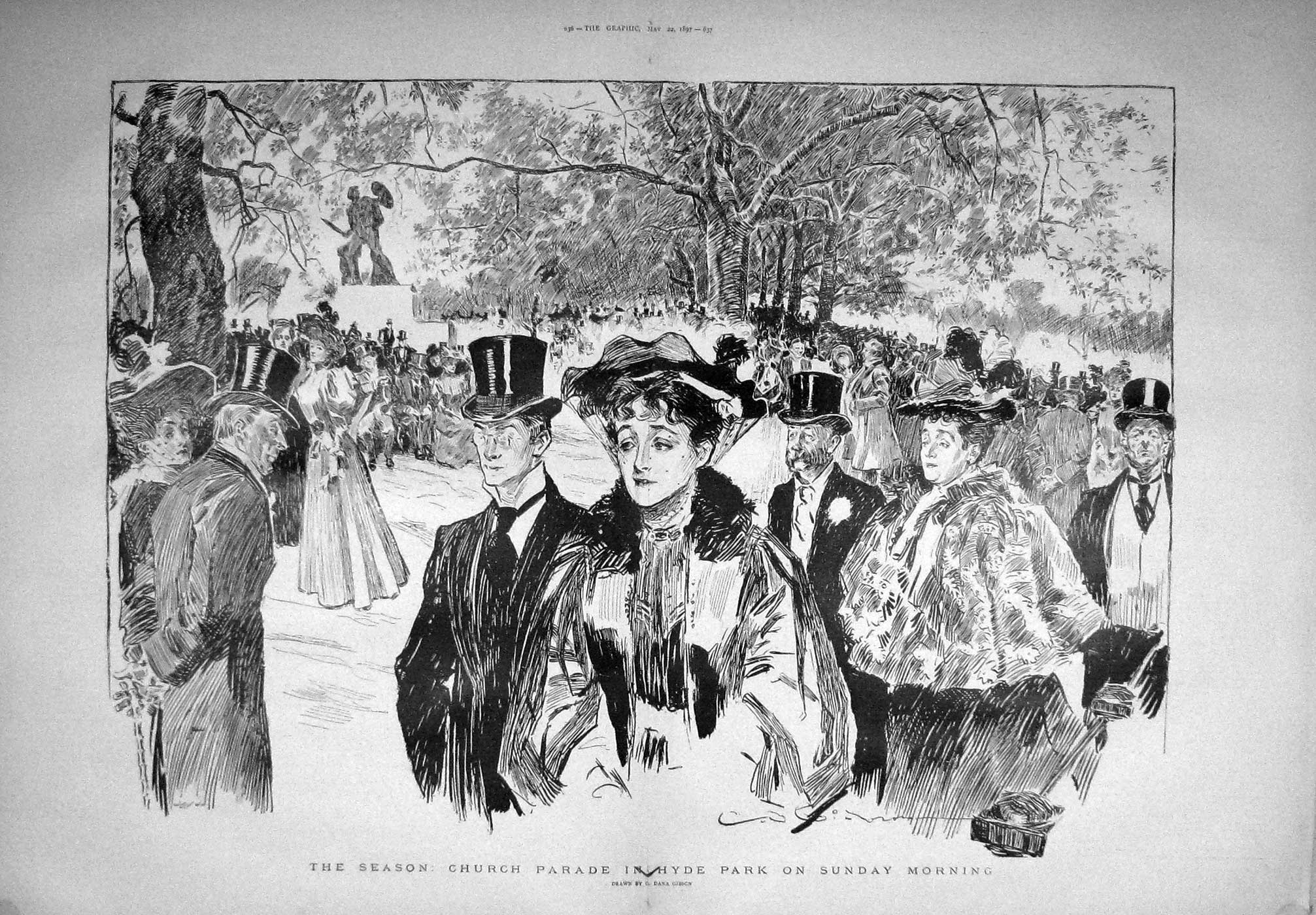 Original Old Antique Print 1897 Church Parade Hyde Park Sunday Morning Scene