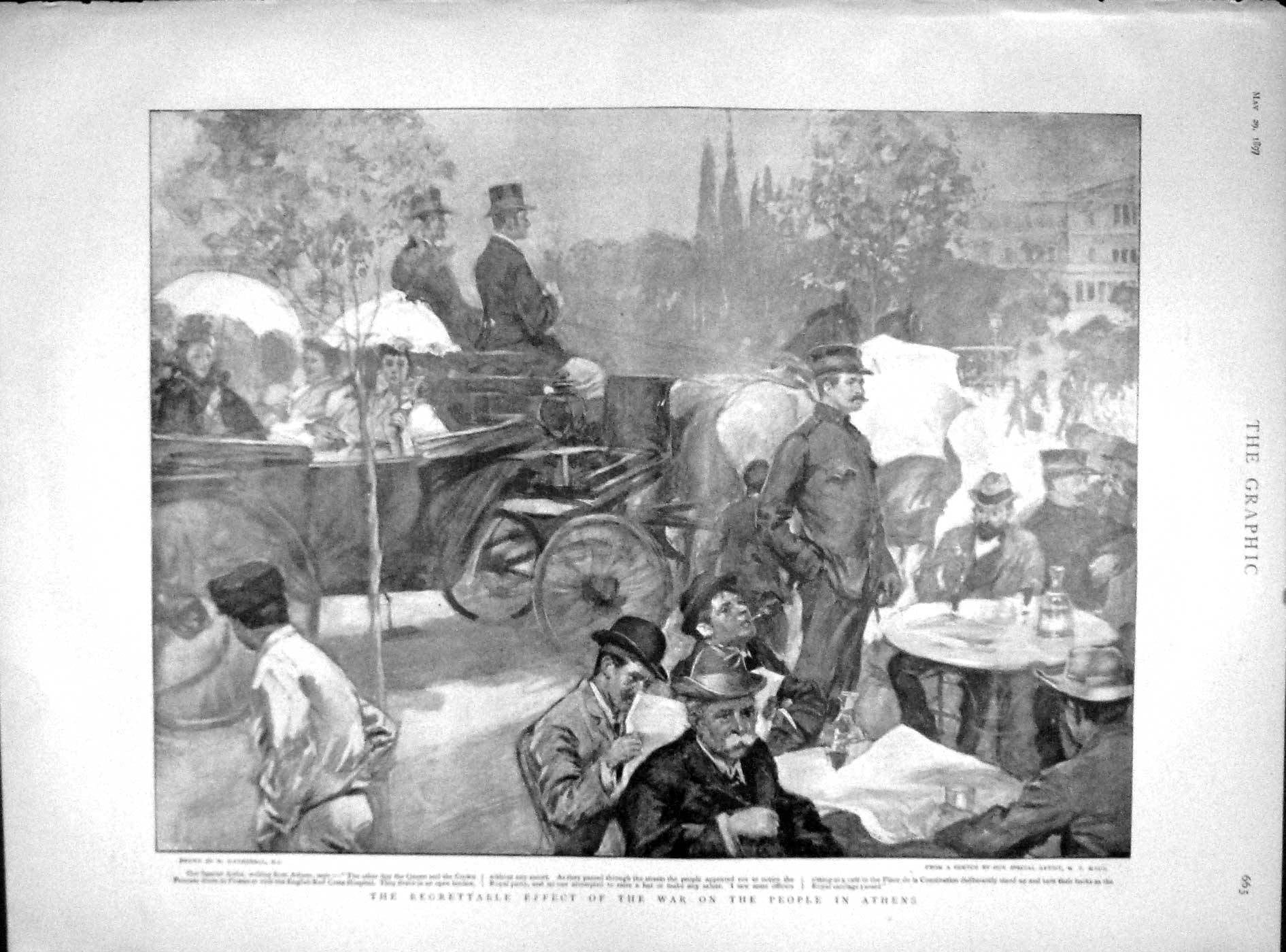Original Old Antique Print 1897 Athens Queen Princess CafÇ Place Constitution