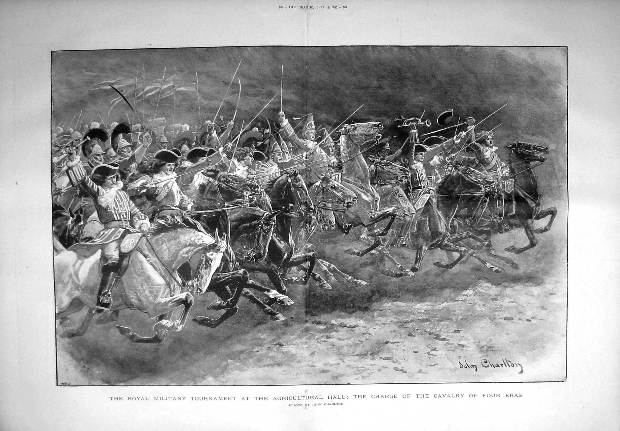 Original Old Antique Print 1897 Military Tournament Agricultural Hall Cavalry