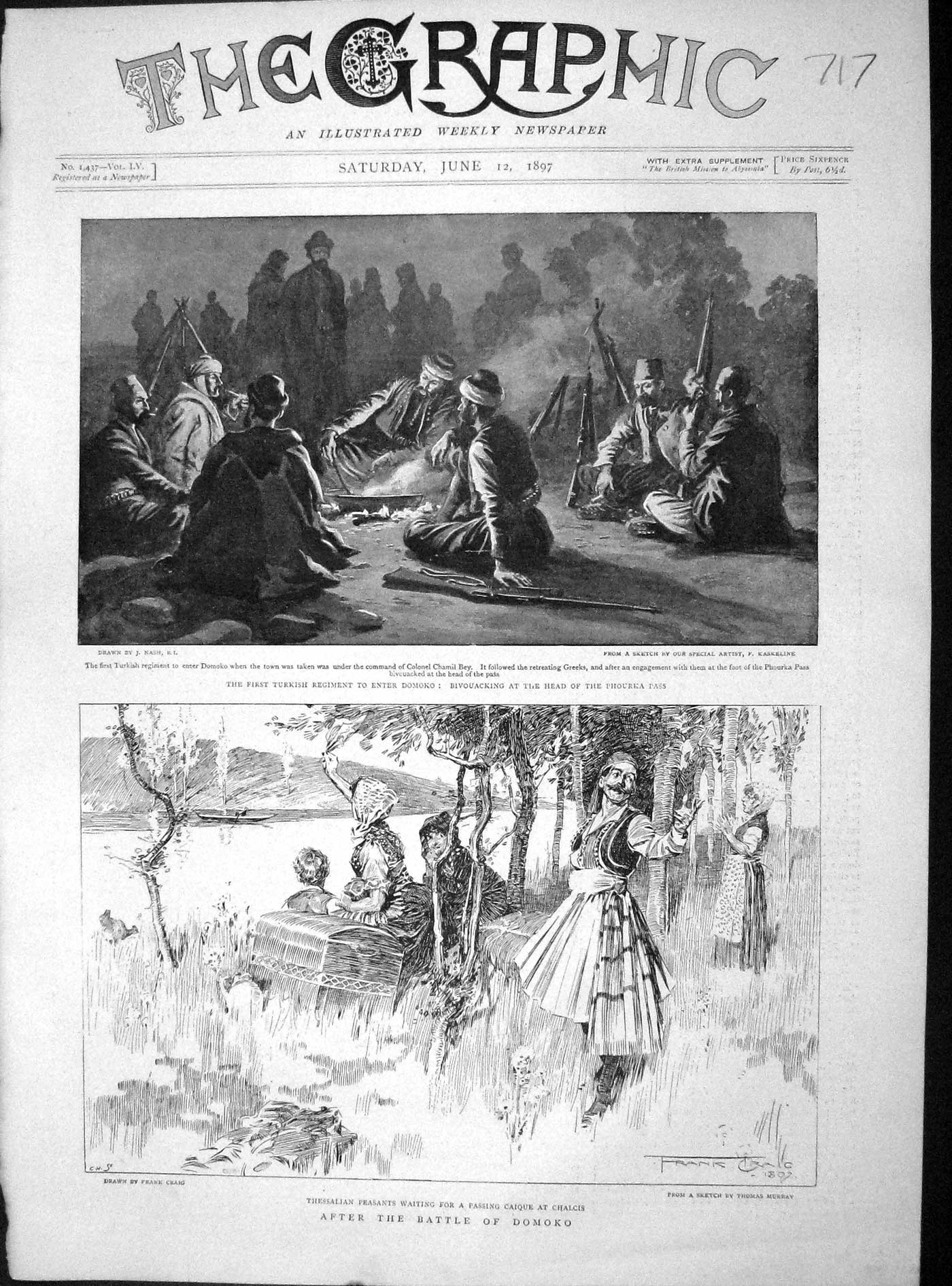Original Old Antique Print 1897 Battle Domoko Thessalian Peasants Bivouacking