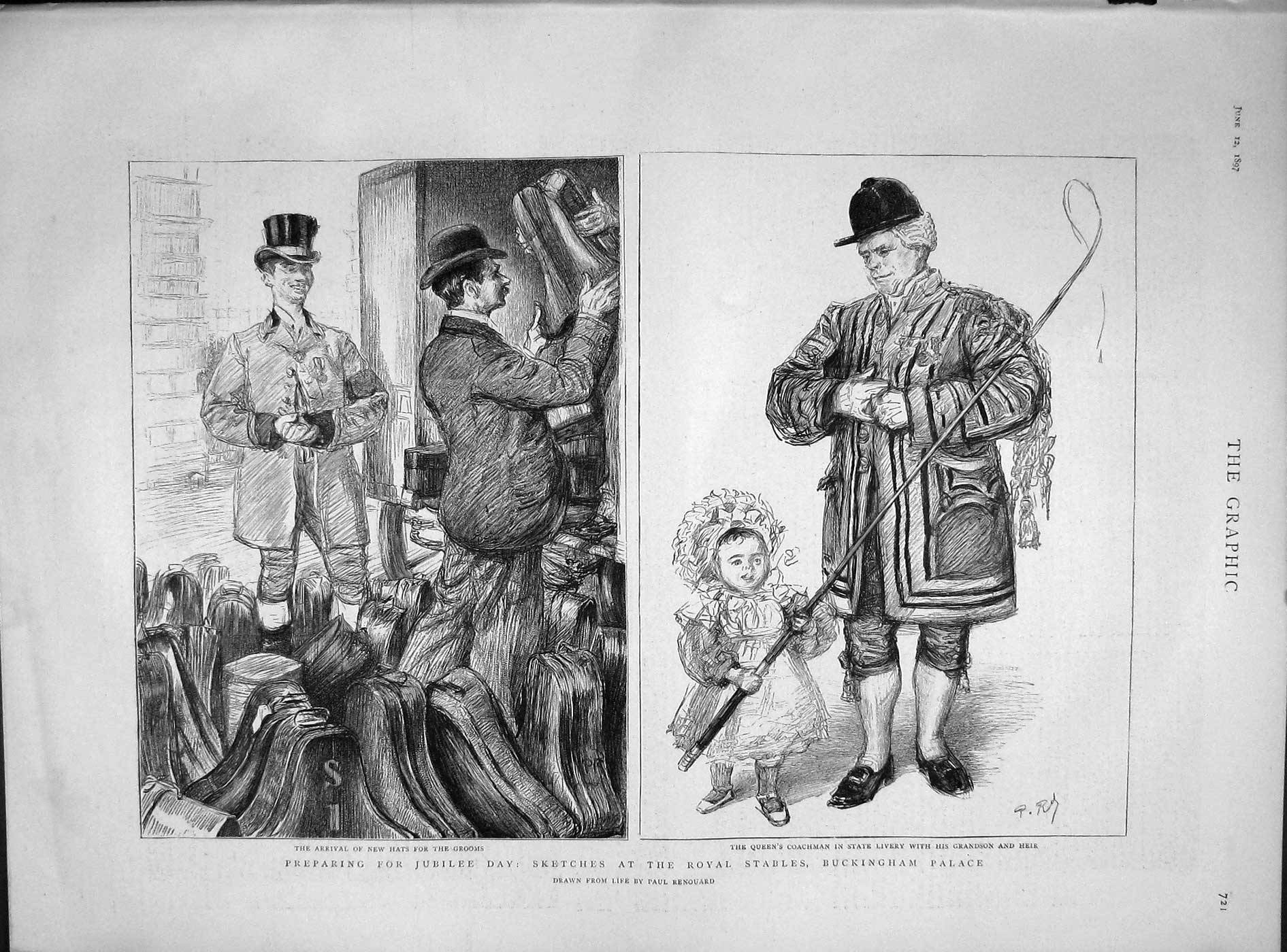Old Antique Print 1897 Jubilee Buckingham Palace Stables Coachman Horses 19th