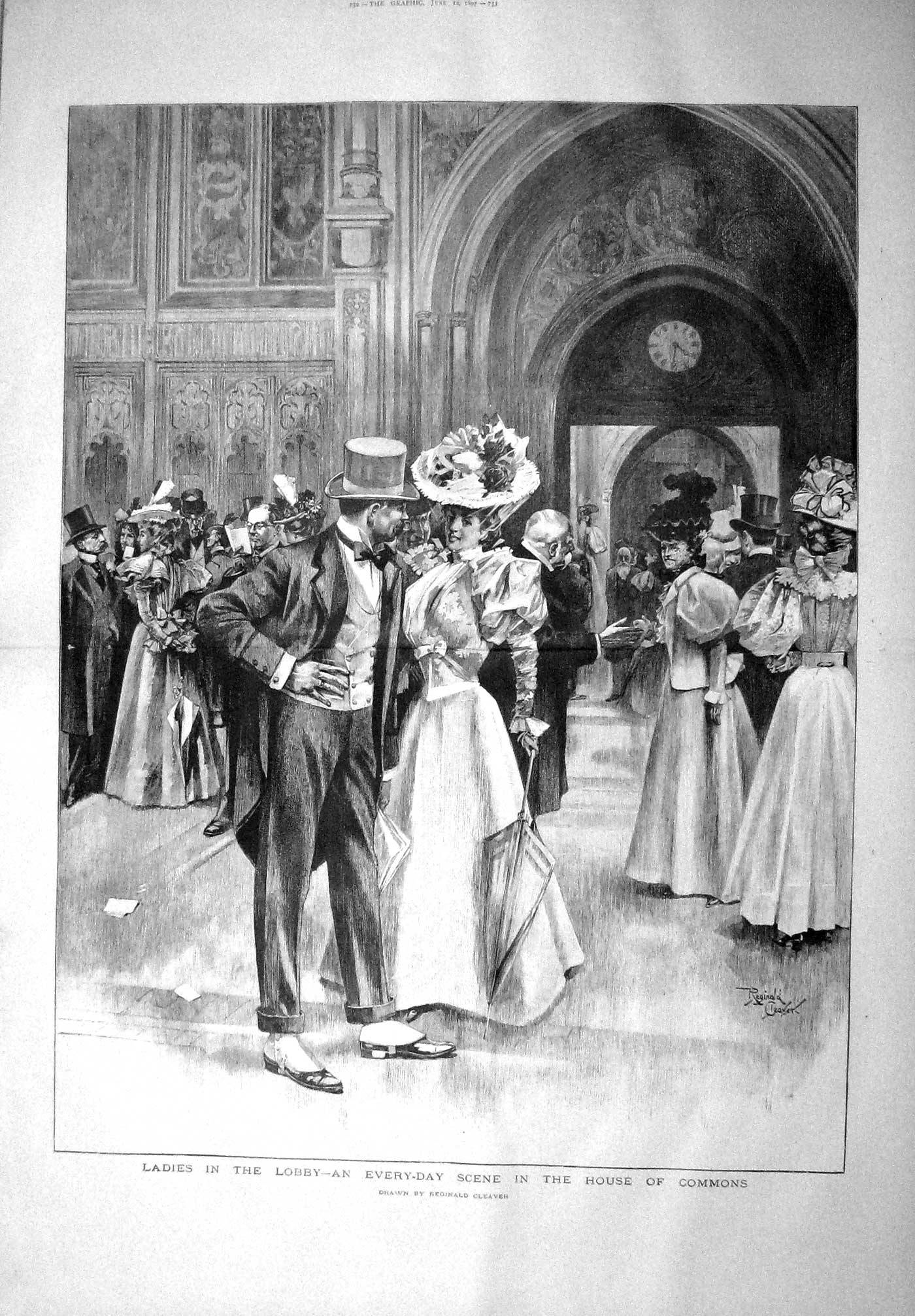 Original Old Antique Print 1897 Scene House Commons Parliament Ladies Lobby