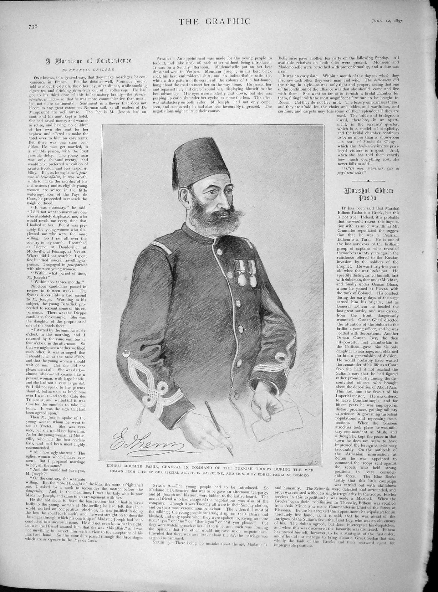 Original Old Antique Print 1897 Edhem Moushir Pasha General Turkish Troops War