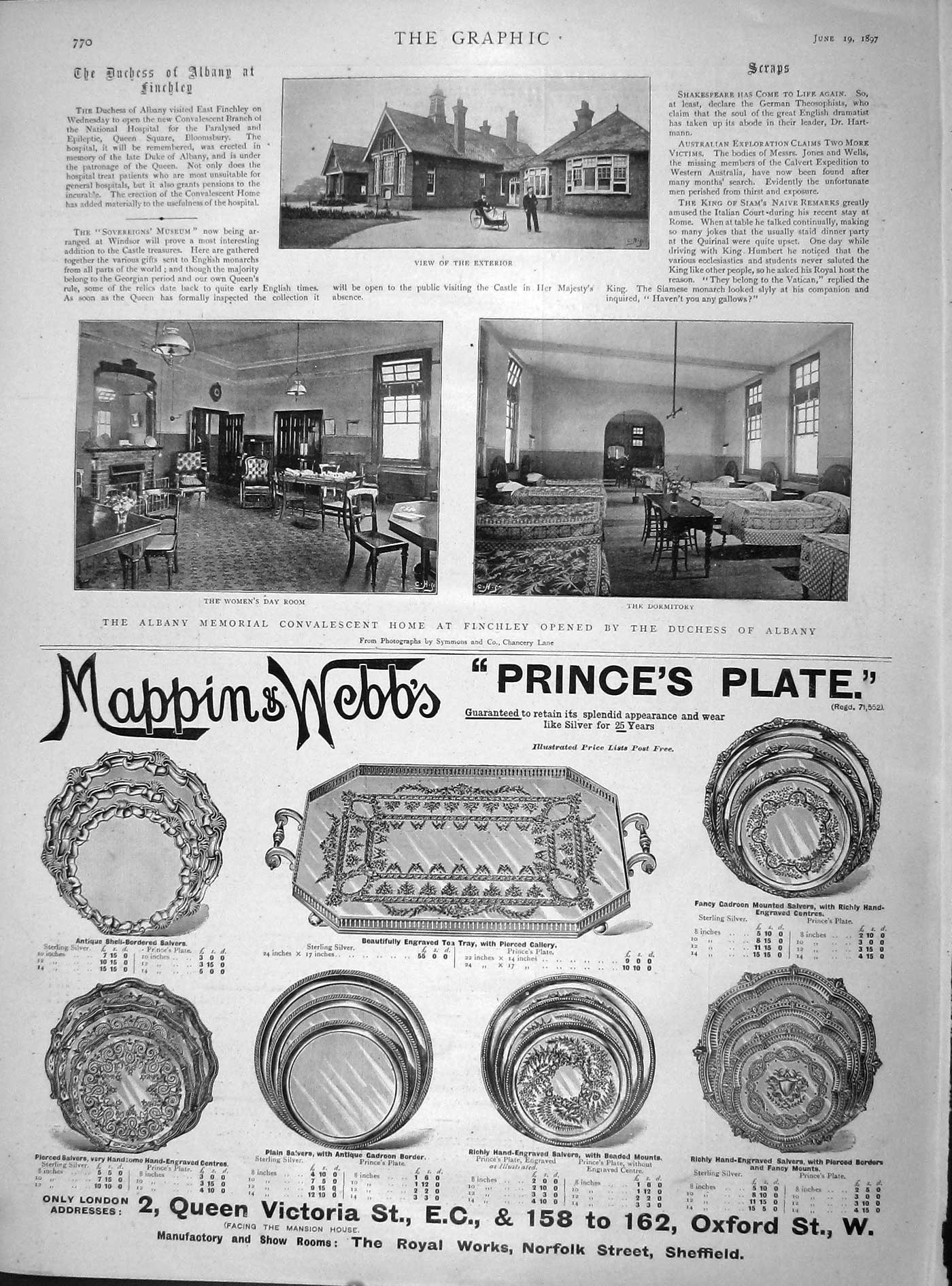 Old Antique Print 1897 Albany Memorial Convalescent Finchley Mappin Webb 19th