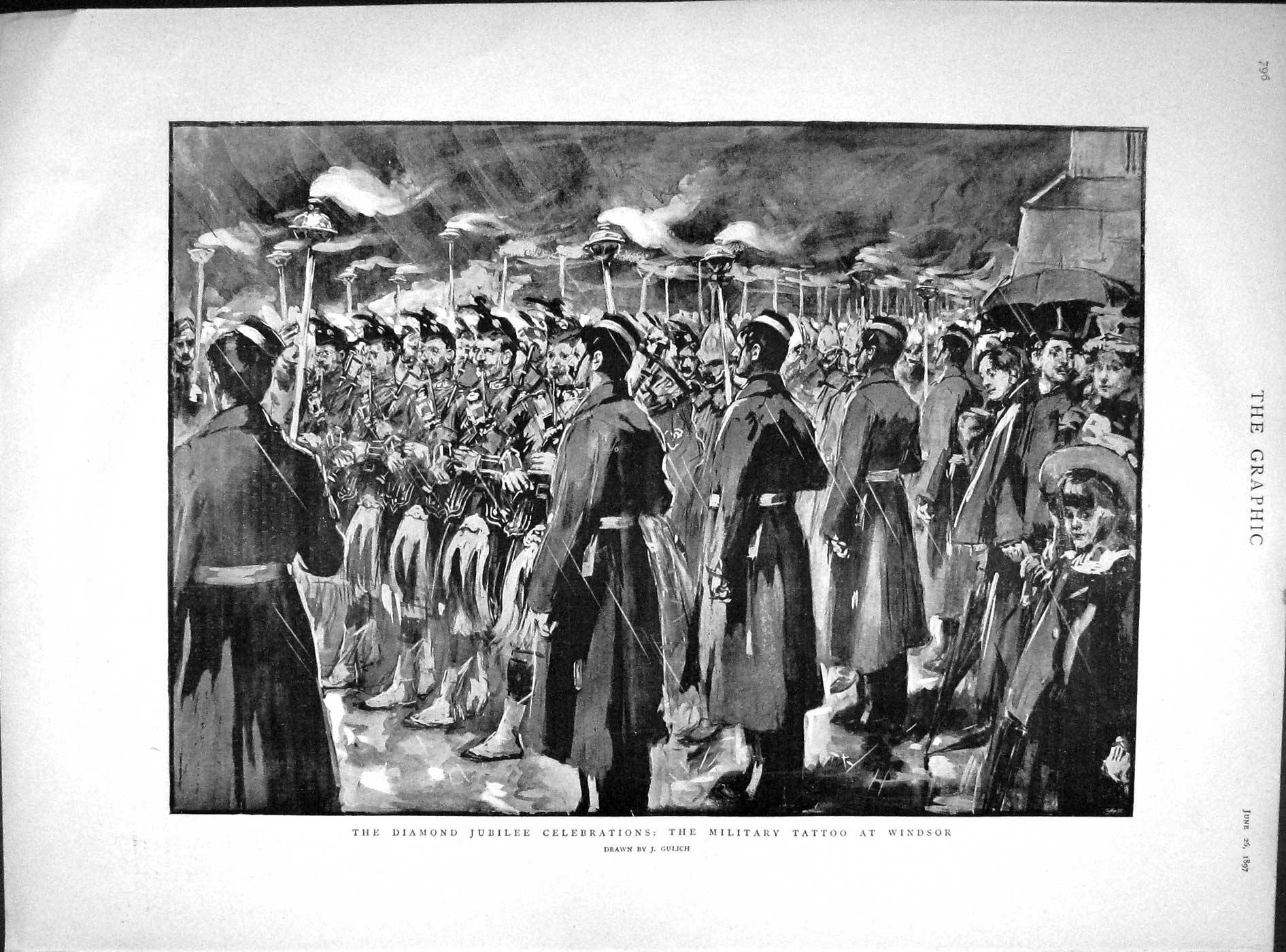 Old Antique Print 1897 Diamond Jubilee Tattoo Windsor Prince Saxe-Weimar 19th