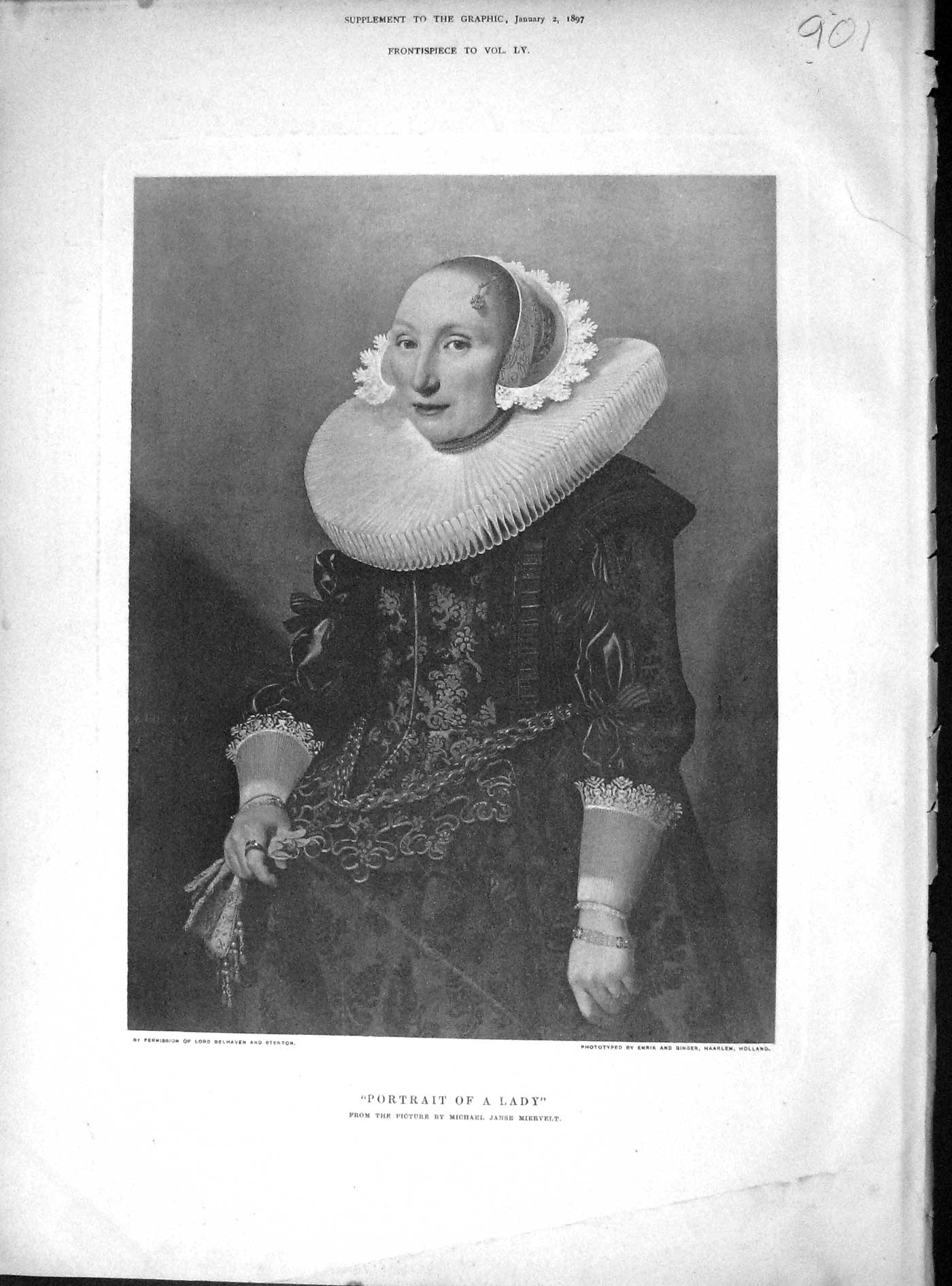 Original Old Antique Print 1897 Portrait Beautiful Lady Woman Miervelt 19th