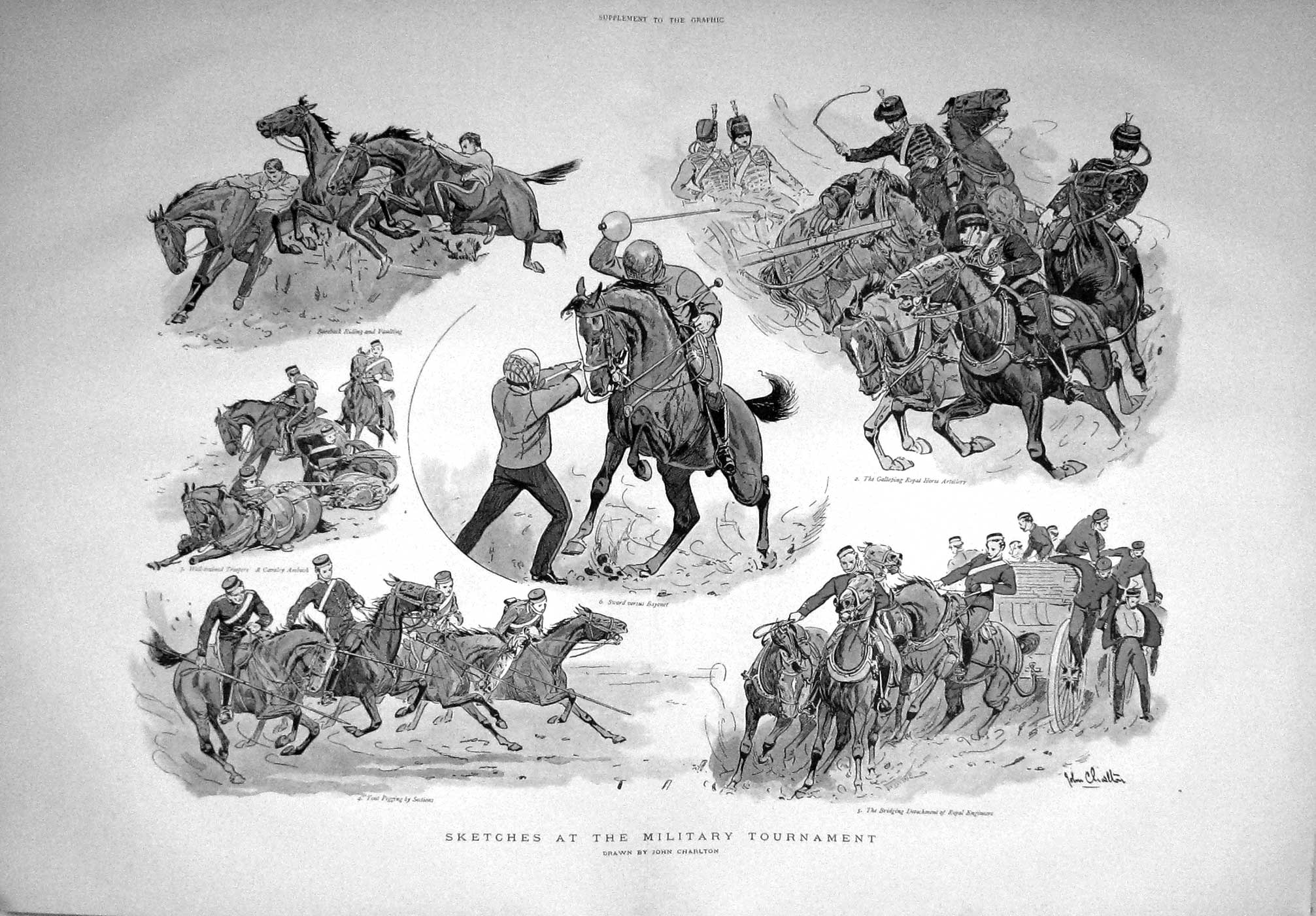 Original Old Antique Print 1897 Military Tournament Horses Siers Engineers