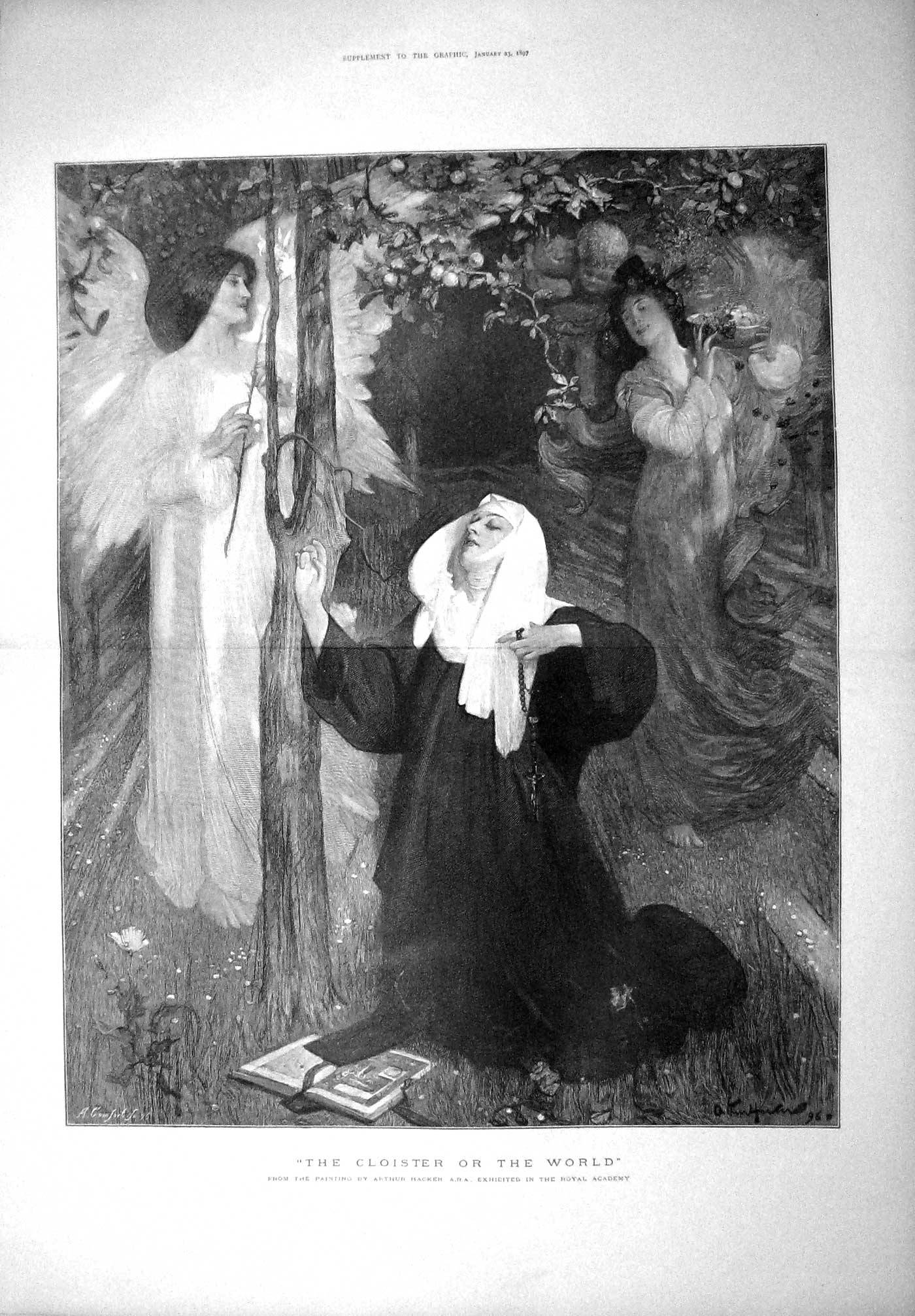 Old Antique Print 1897 Hacker Fine Art Cloister World Nun Praying Angels 19th