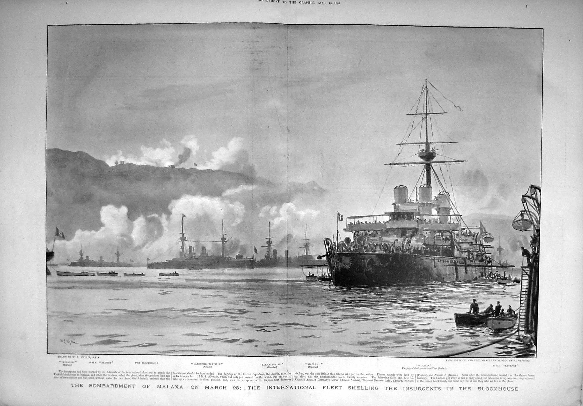 Original Old Antique Print 1897 Malaxa Ships Sicilia Revenge Alexander Ardent