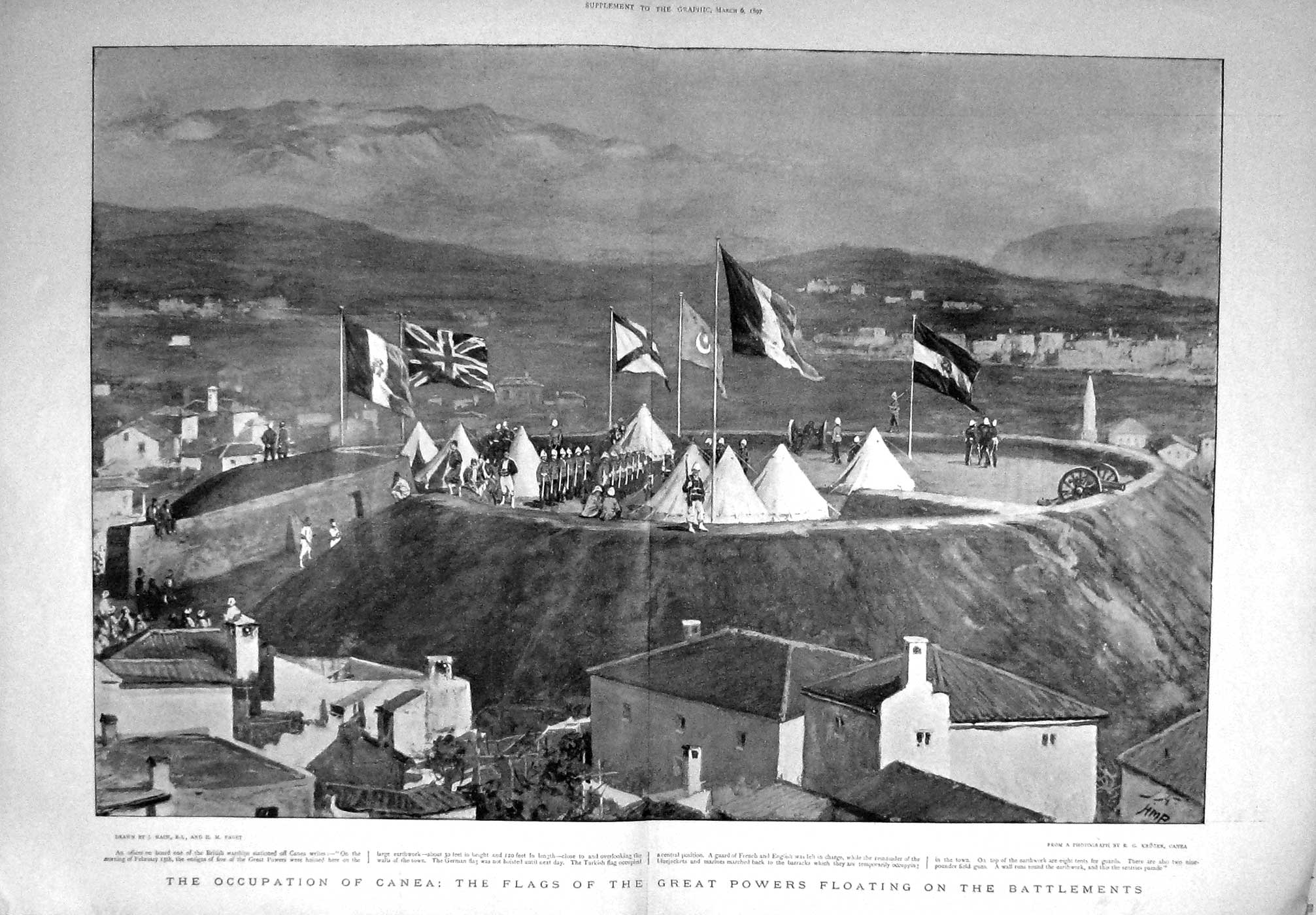 Original Old Antique Print 1897 Occupation Canea Flags Battlements War Siers