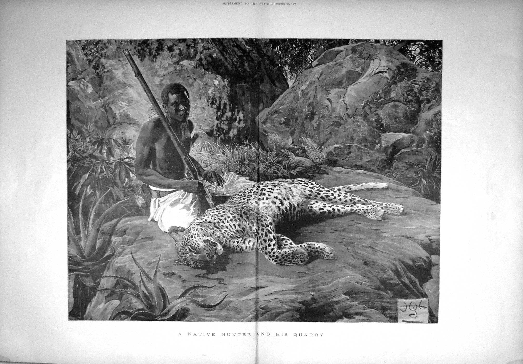 Antique Old Print 1897 Native Hunter Quarry Man Rifle Dead Tiger Fine Art 19th