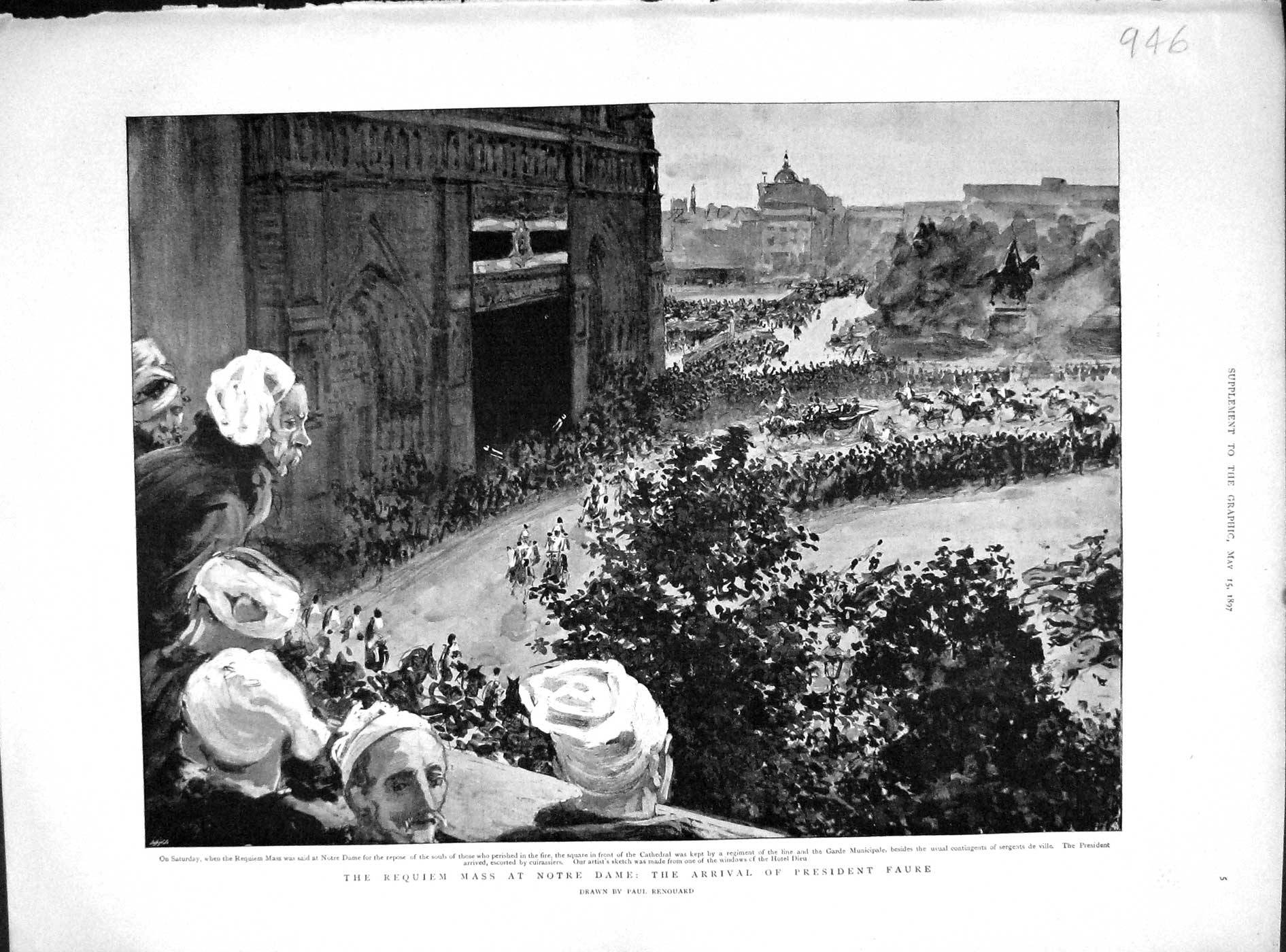 Original Old Antique Print 1897 Requiem Mass Notre Dame Arrival President Faure