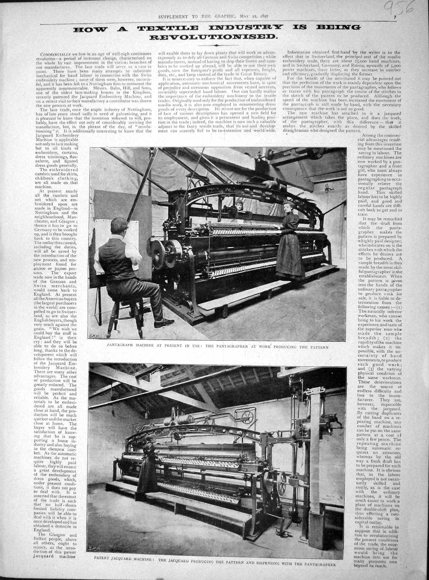 Original Old Antique Print 1897 Textile Industry Pantagraph Machine Jaquard