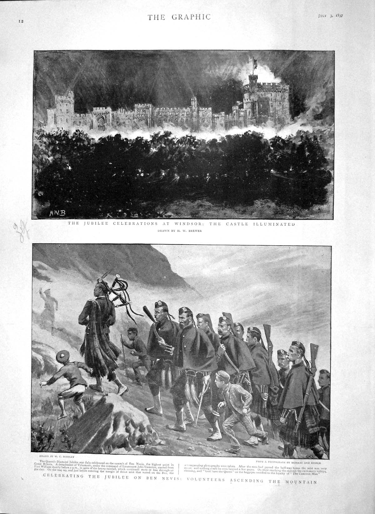 Original Old Antique Print 1897 Jubilee Windsor Castle Ben Nevis Mountain Siers