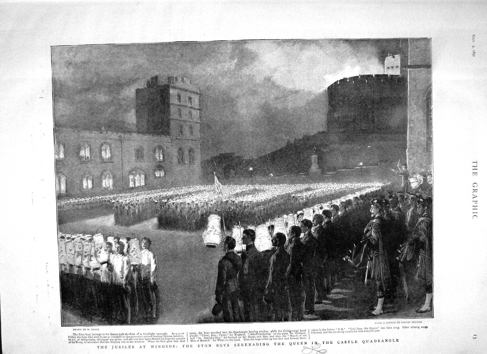 Original Old Antique Print 1897 Windsor Jubilee Eton Boys Castle Beacon Fires
