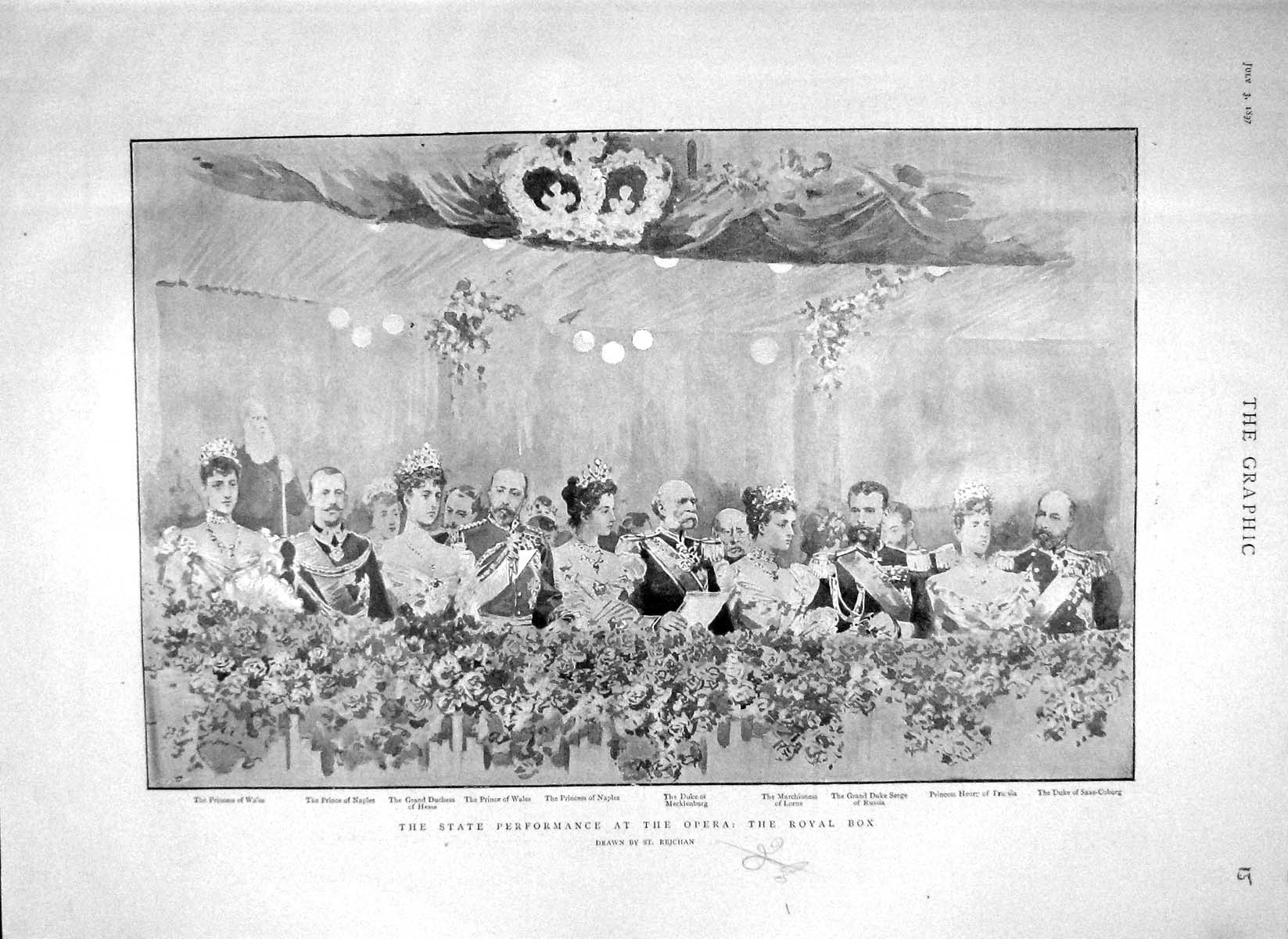 Original Old Antique Print 1897 Royal Box Opera Princess Naples Lorne Prussia
