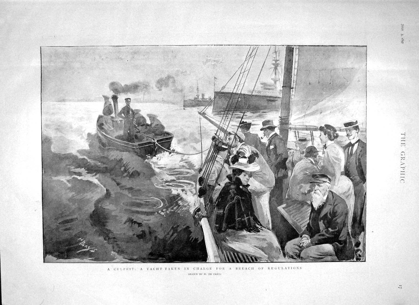 Original Old Antique Print 1897 Yacht Breach Regulations Spithead Prince Wales
