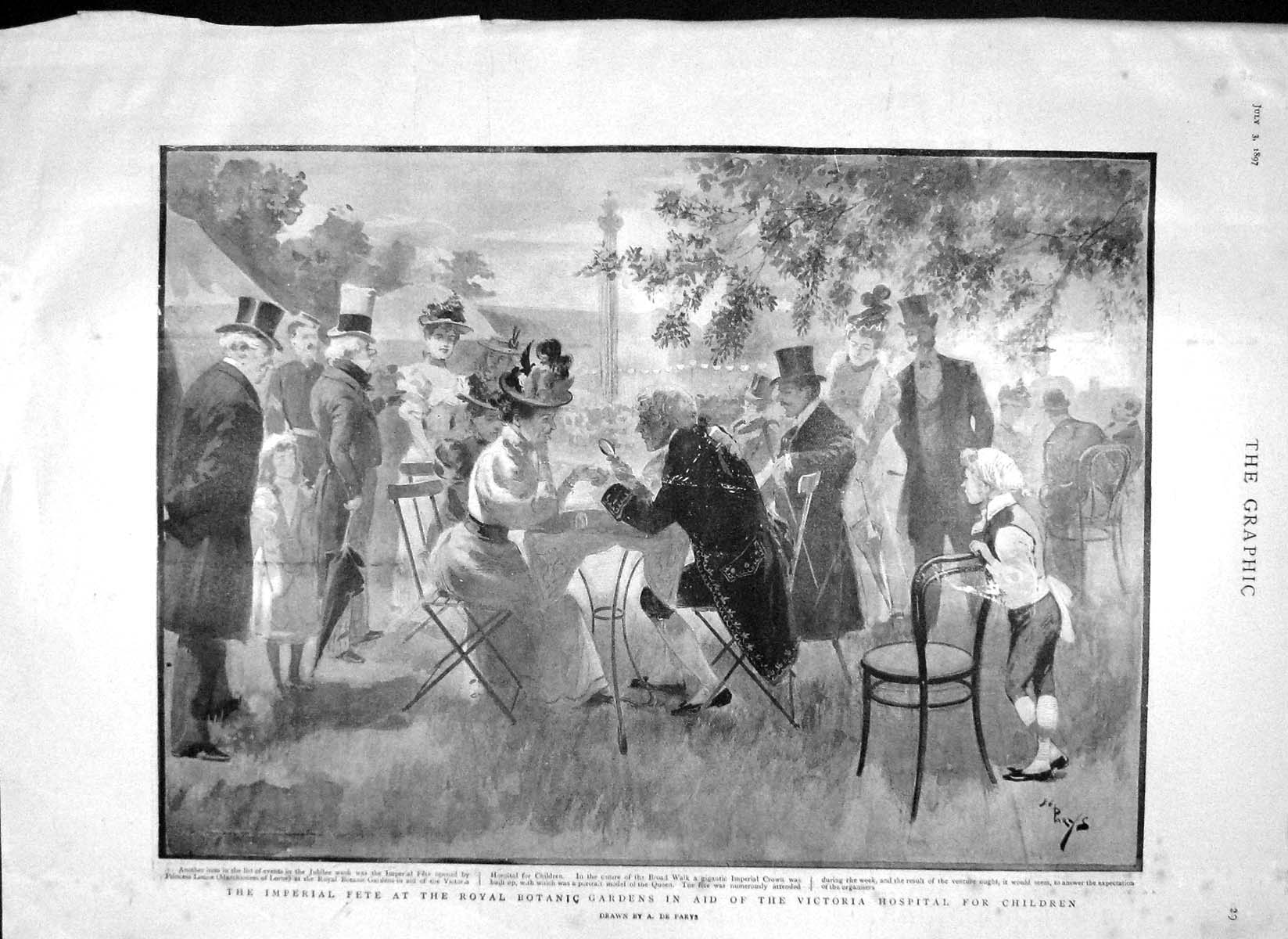 Old Antique Print 1897 Botanic Gardens Fete Hospital Ships Rossia Wilhelm 19th