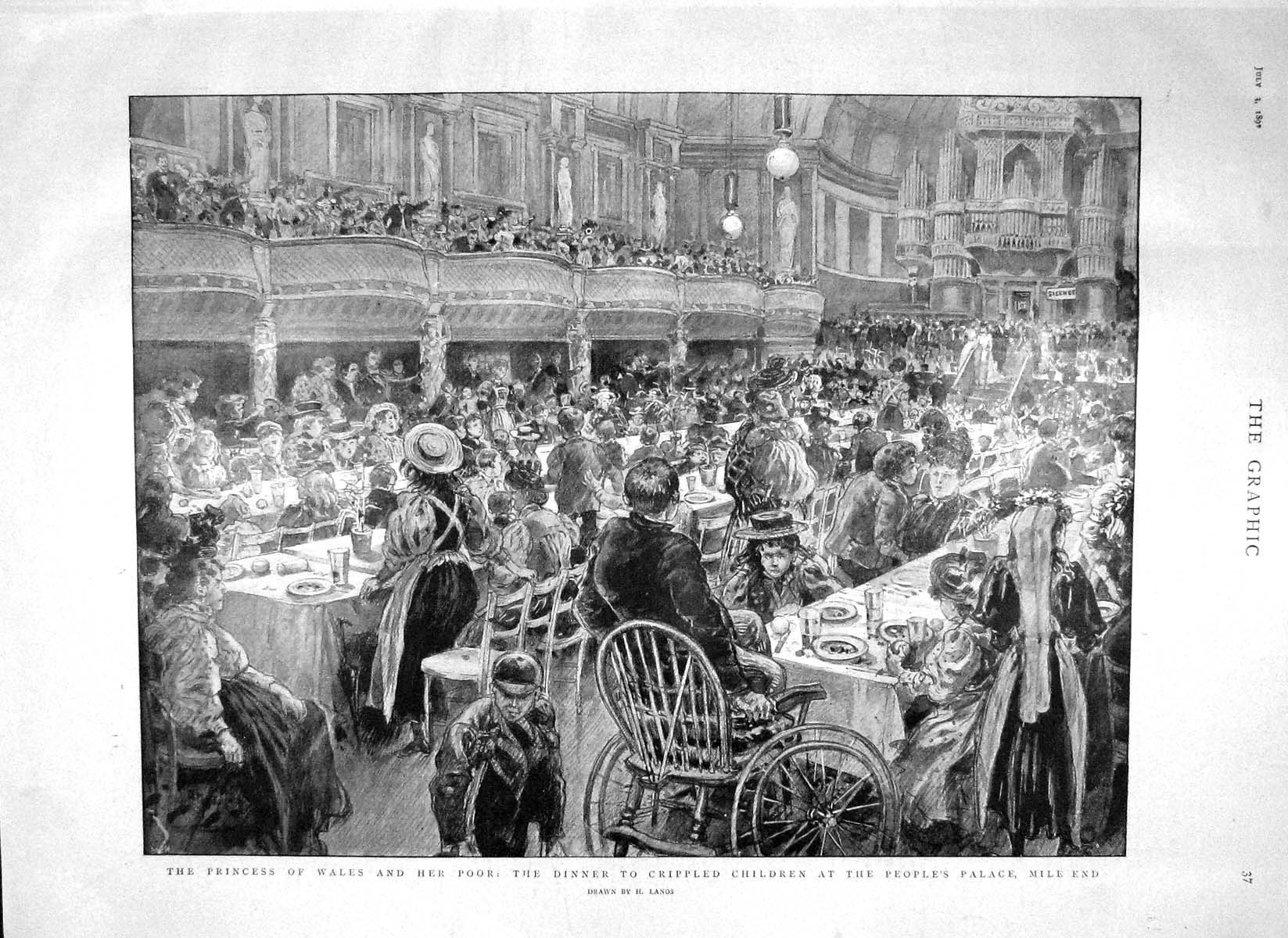 Original Old Antique Print 1897 Princess Wales Dinner Crippled Children Palace