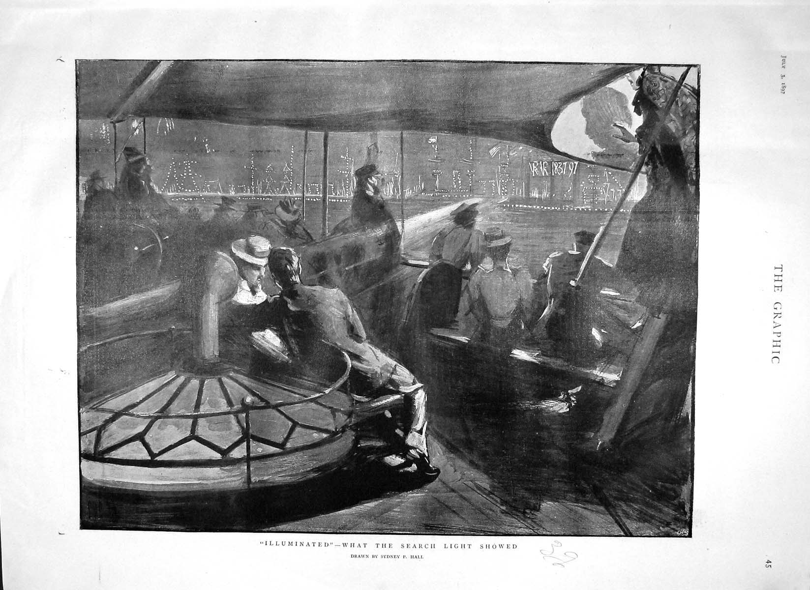 Old Antique Print 1897 Search Light Ship Powerful Queen Chamberlain Reid 19th