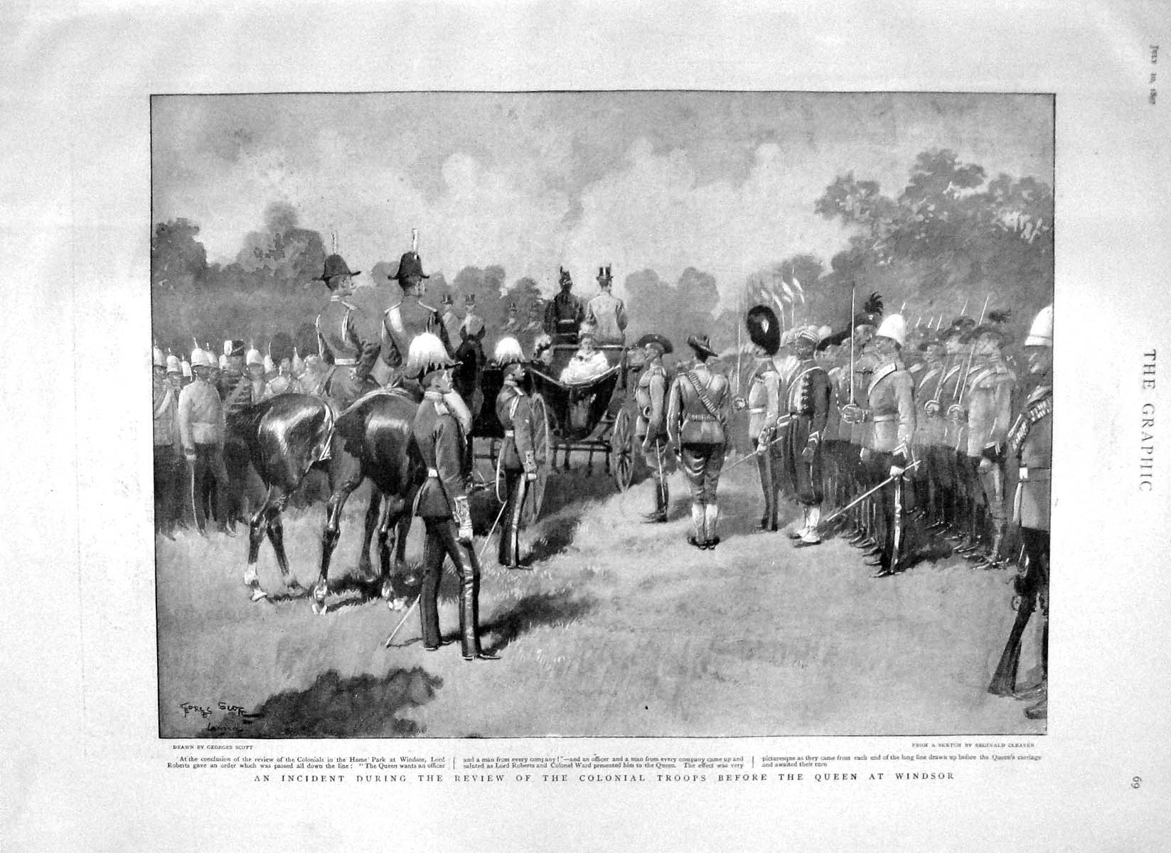 Original Old Antique Print 1897 Colonial Troops Queen Windsor Aldershot Siers