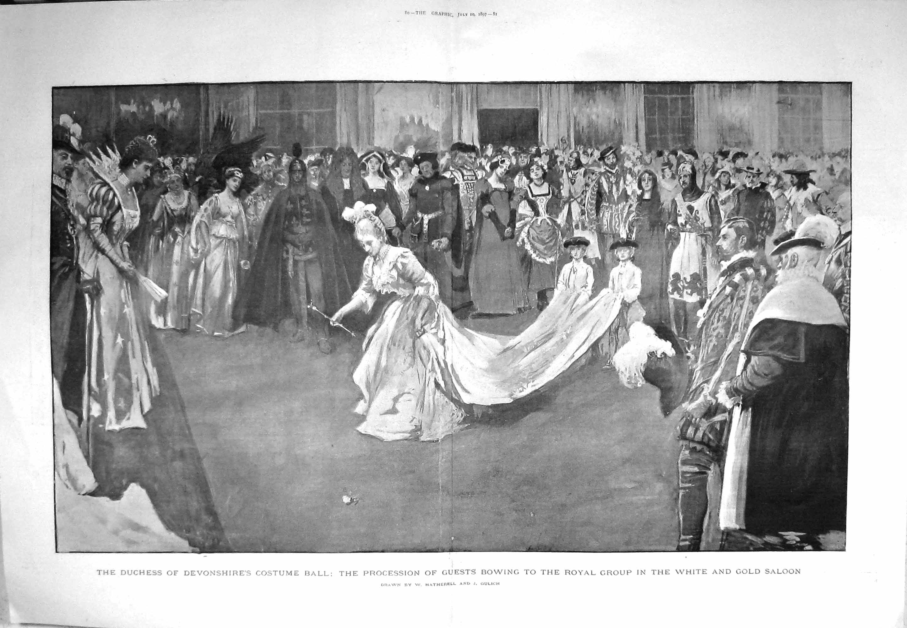 Original Old Antique Print 1897 Duchess Devonshire Costume Ball White GSaloon 0