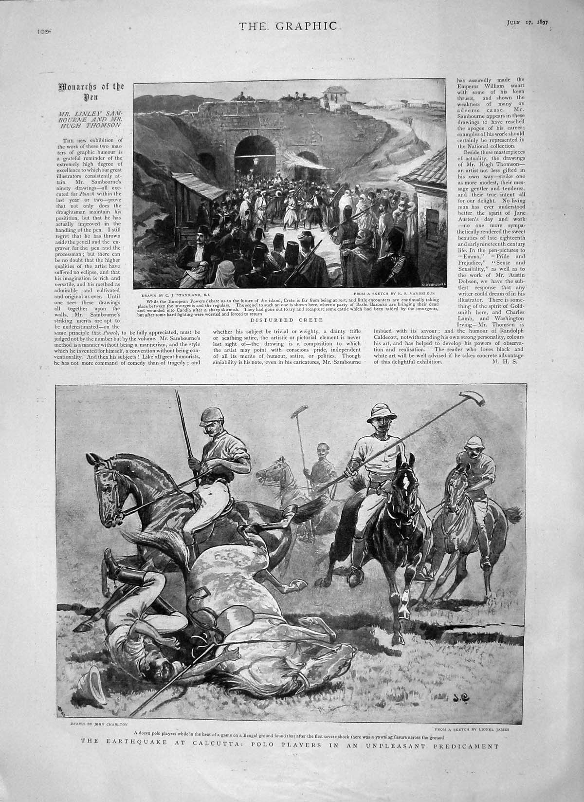 Original Old Antique Print 1897 Earthquake Calcutta Polo Players Horses Crete