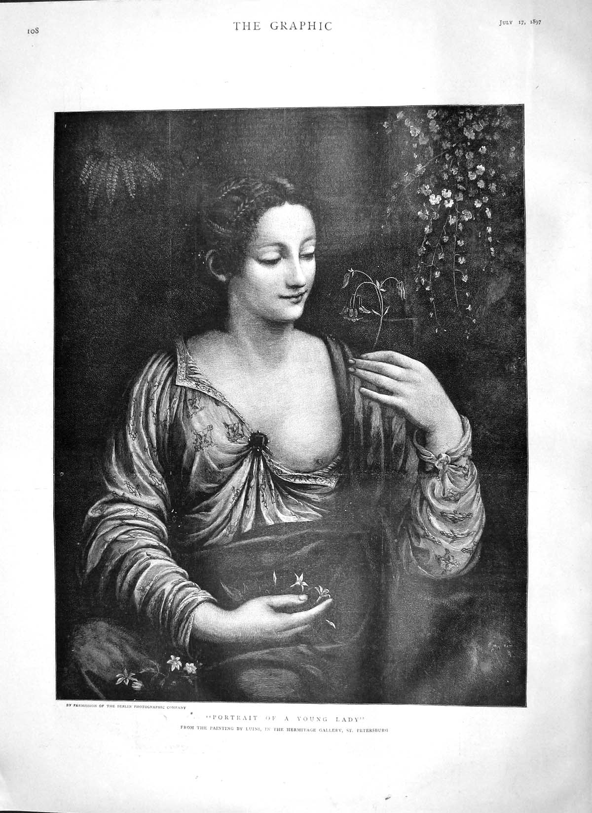 Original Old Antique Print 1897 Portrait Beautiful Young Lady Luini Victorian