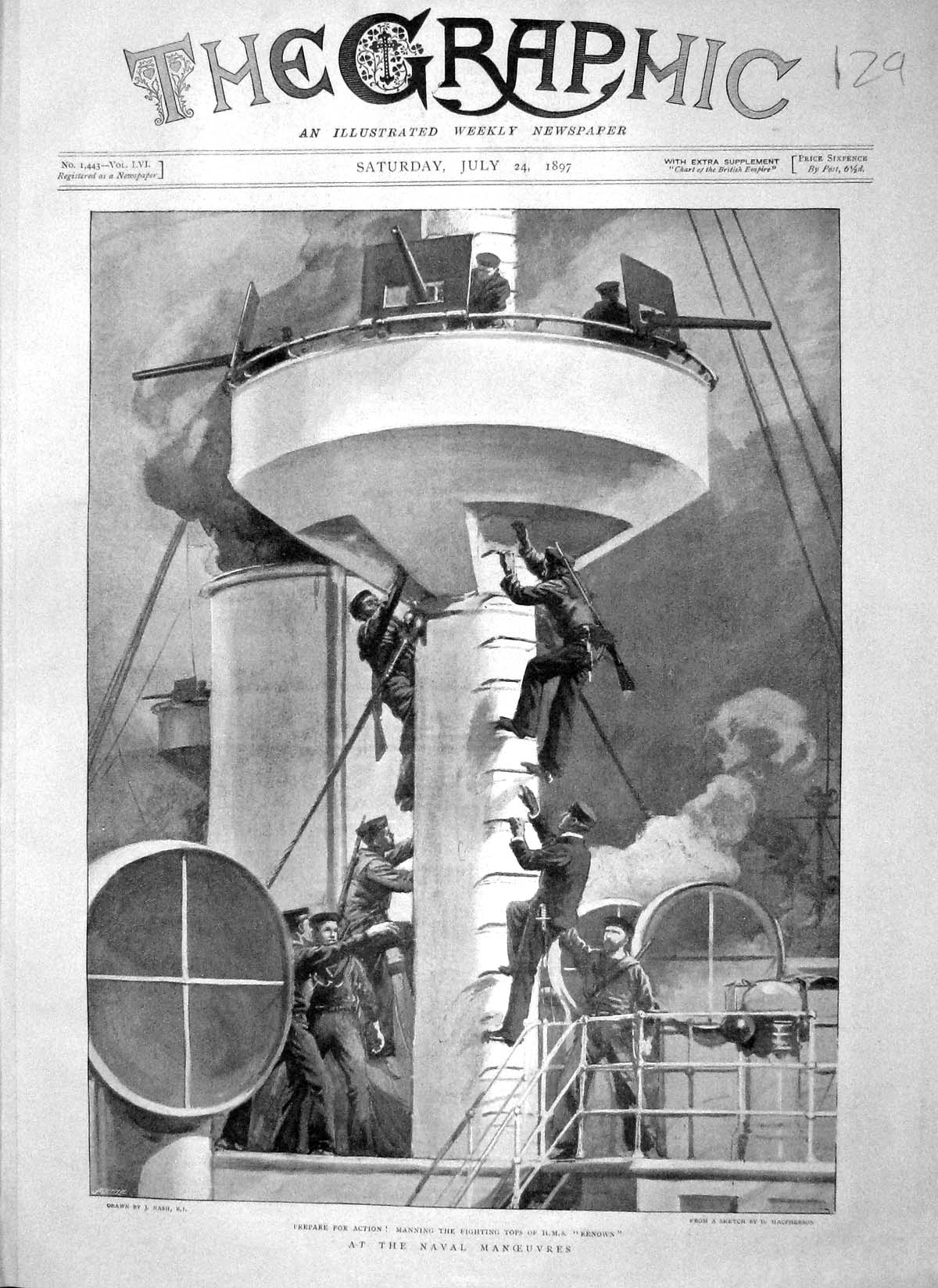 Old Antique Print 1897 Navy Ship Manning Fighting Tops H.M.S. Renown War 19th