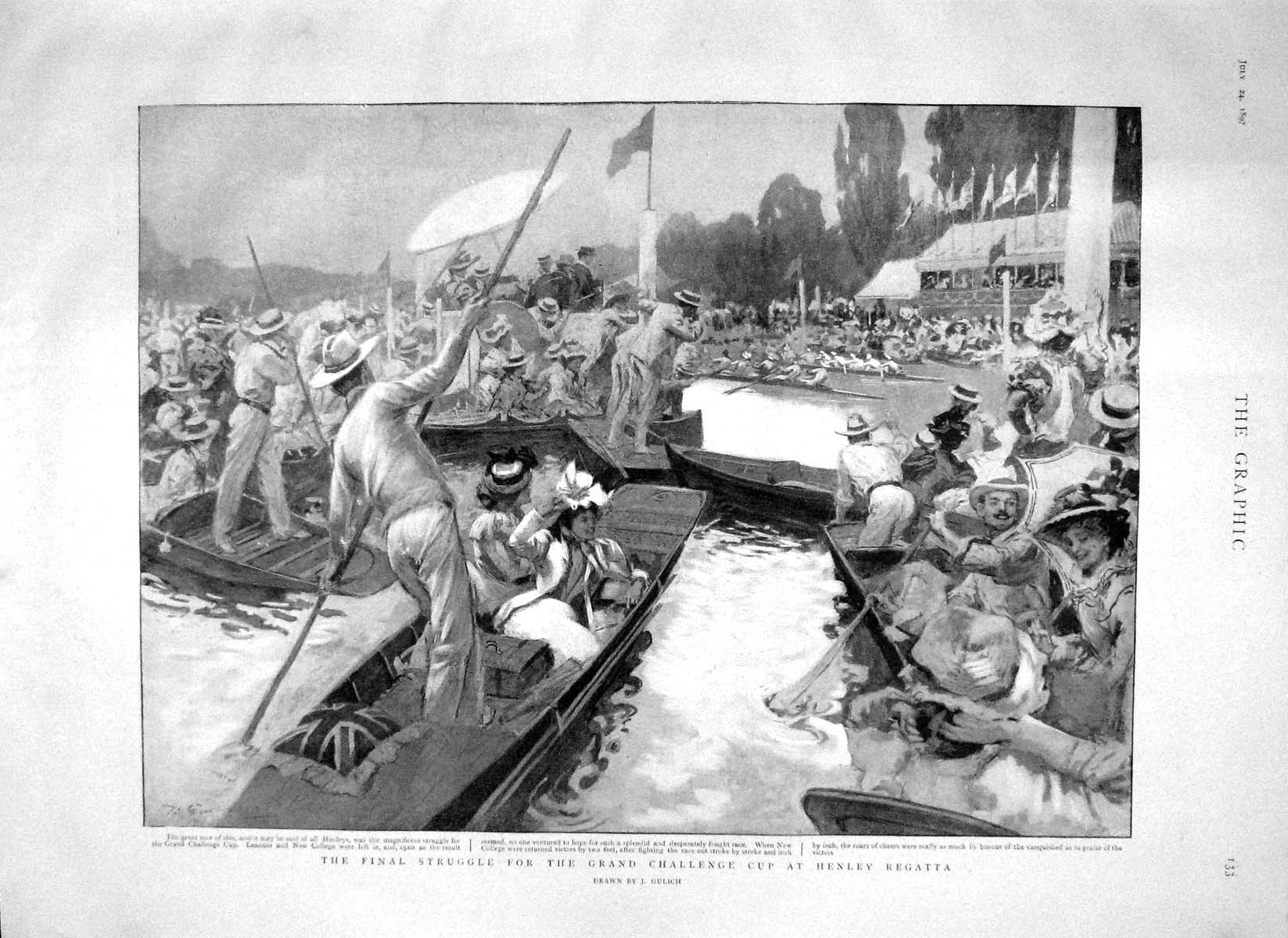 Old Antique Print 1897 Scene Final Struggle Challenge Cup Henley Regatta 19th