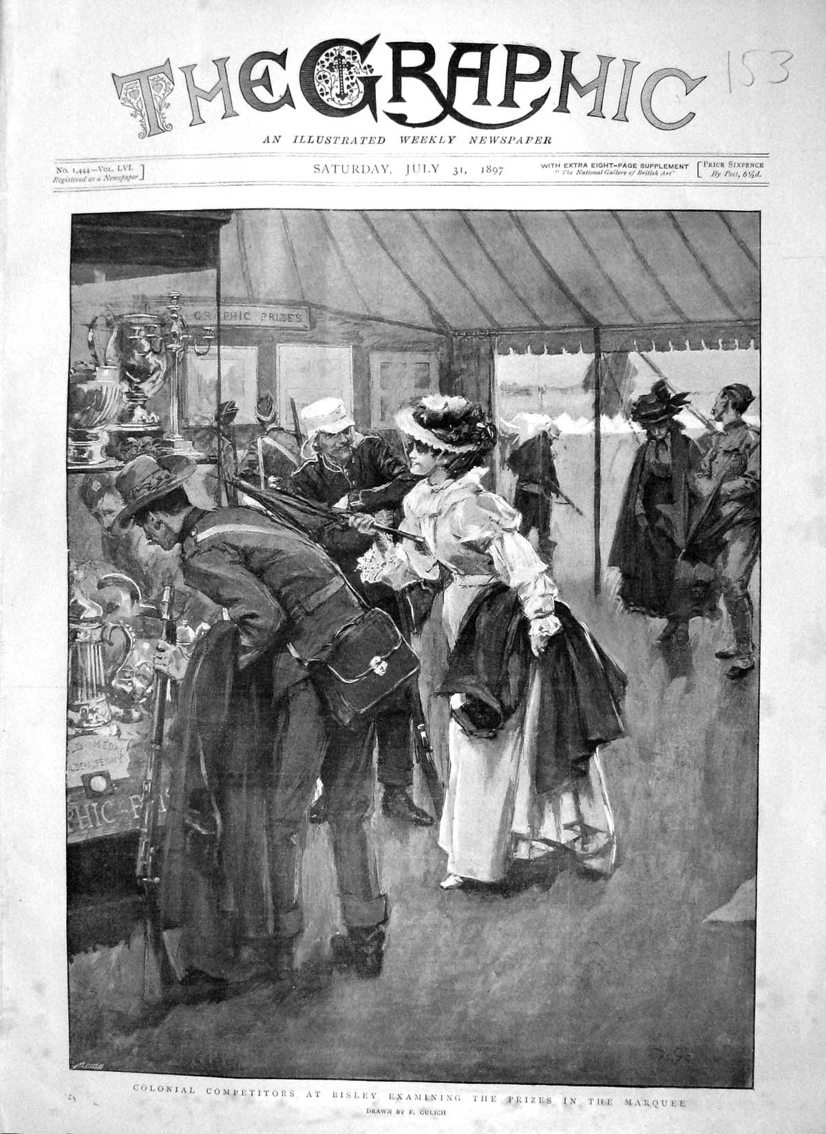 Original Old Antique Print 1897 Colonial Bisley Prizes Marquee Shooting Sport