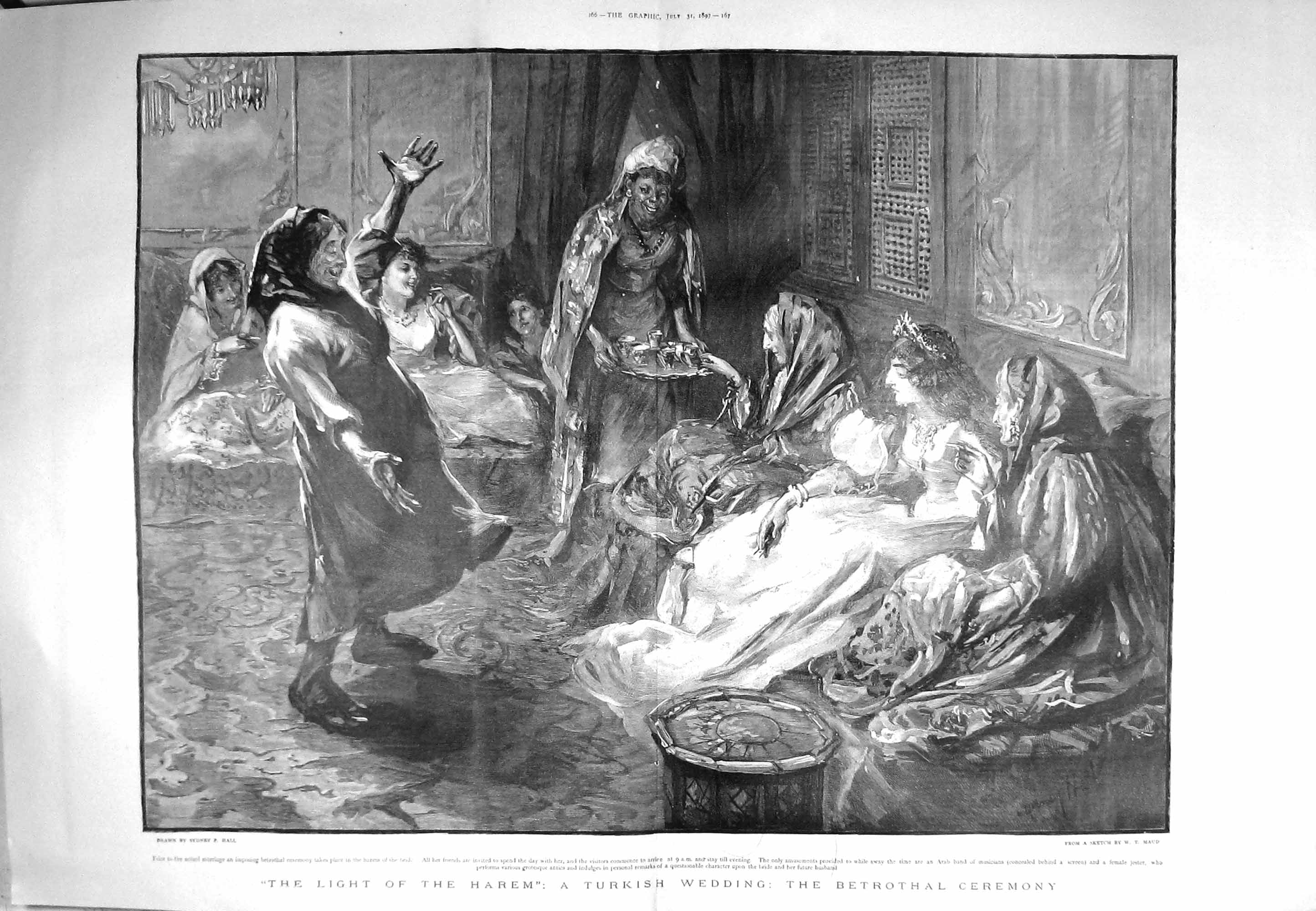 Original Old Antique Print 1897 Turkish Wedding Betrothal Ceremony Harem Scene