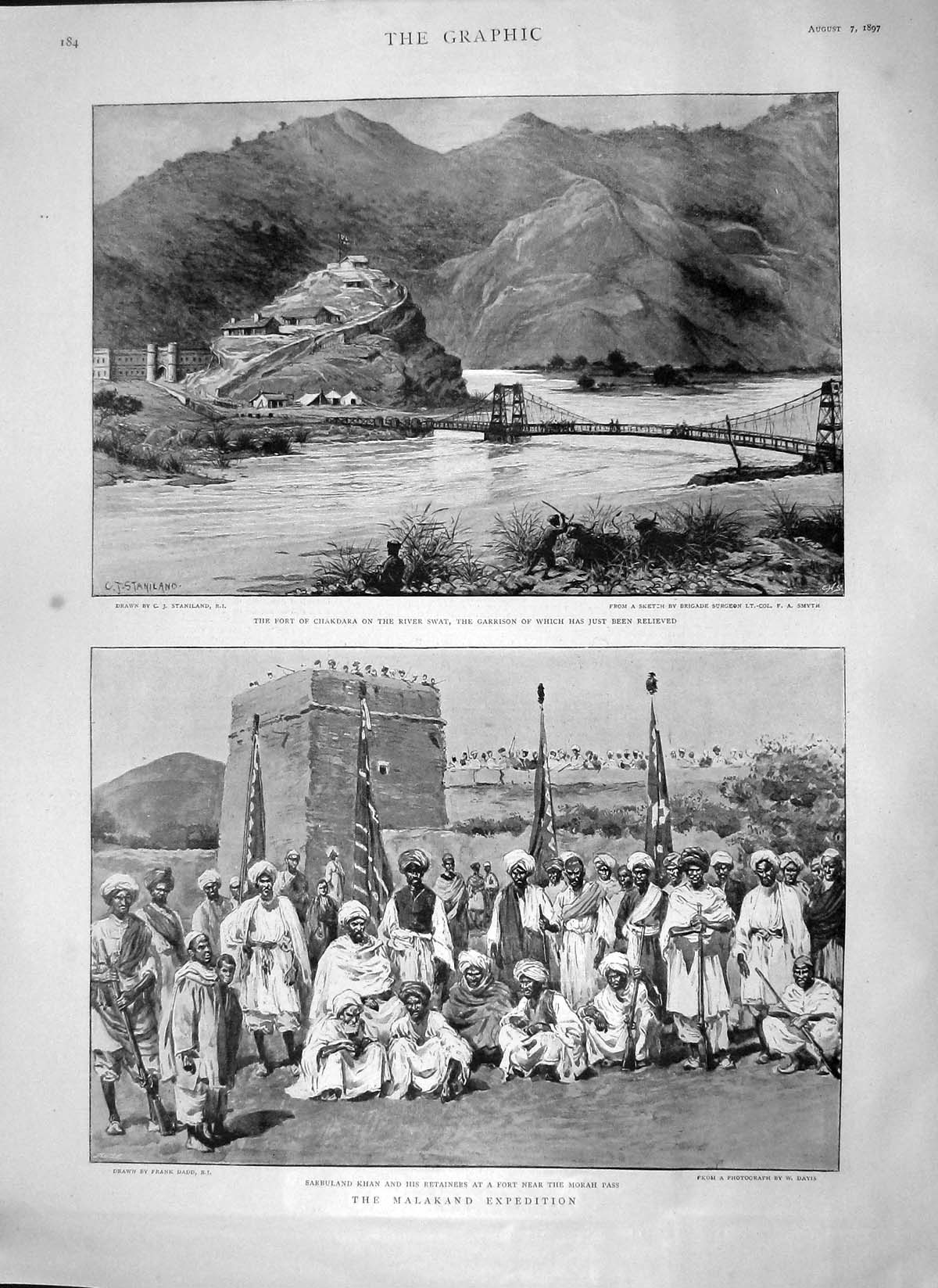 Old Antique Print 1897 Fort Chakdara River Sway Sarbuland Khan Morah Pass 19th